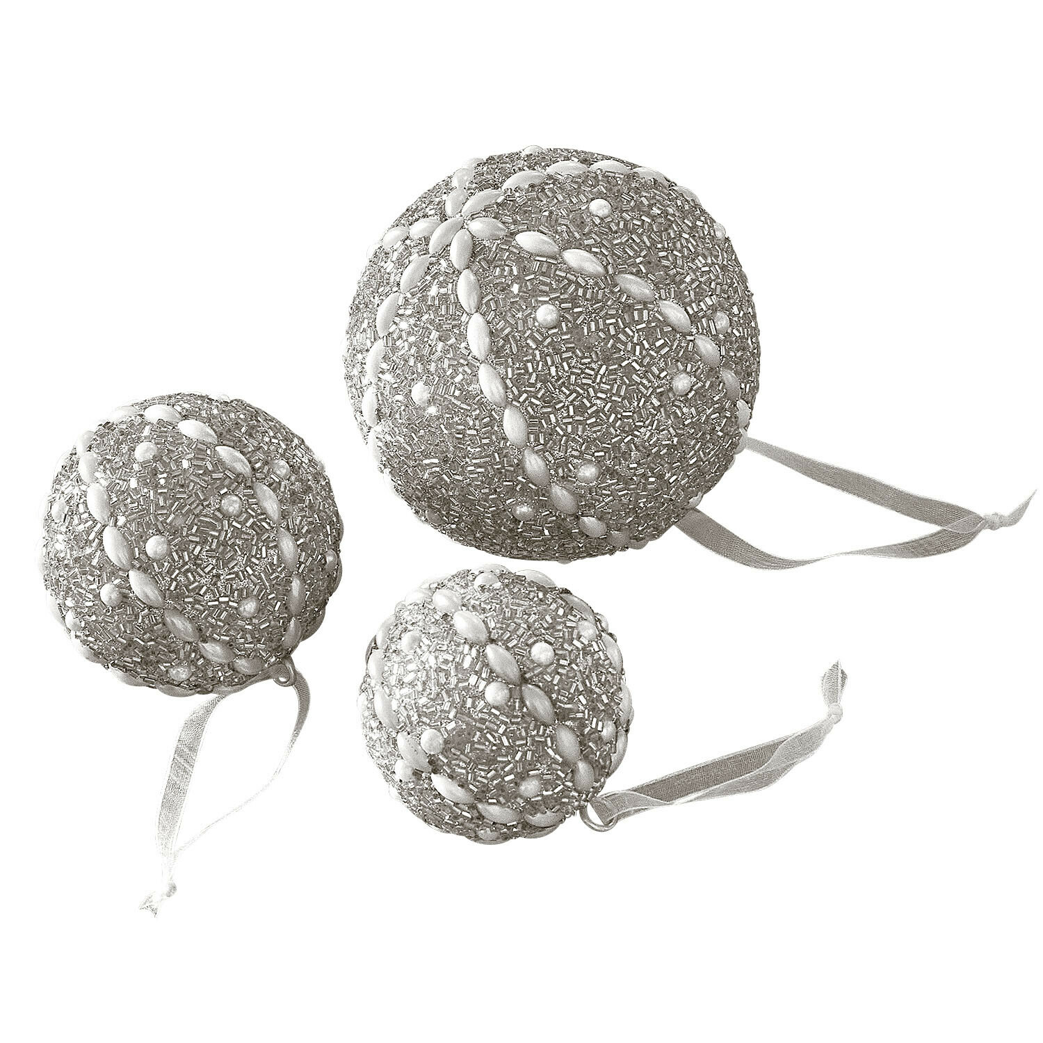 Kerstbal set van 3 Maelvik Set van drie zilverkleurige kerstballen met kralen en linten om aan de boom te hangen