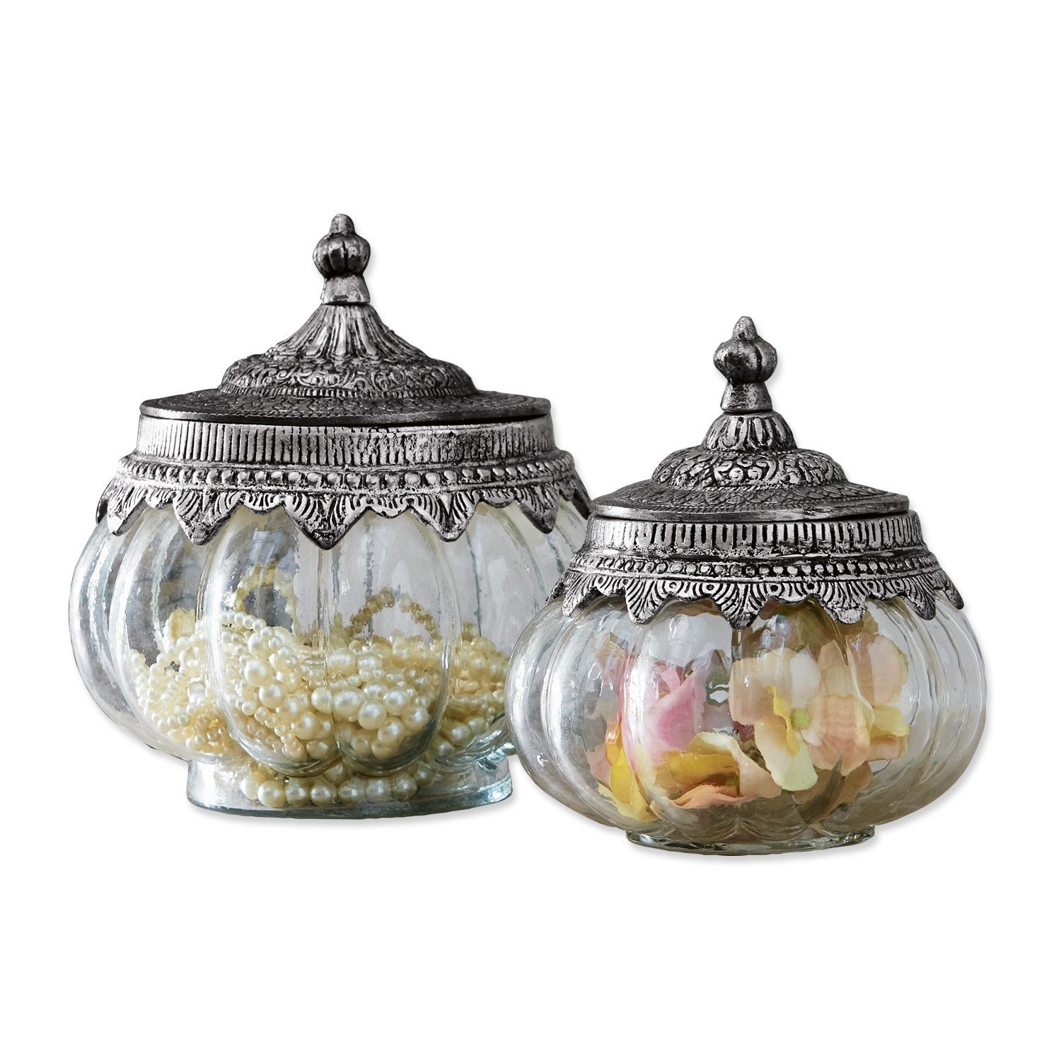 Glazen pot set van 2 Madelon Set van twee glazen potten met decoratieve metalen deksels in vintage stijl
