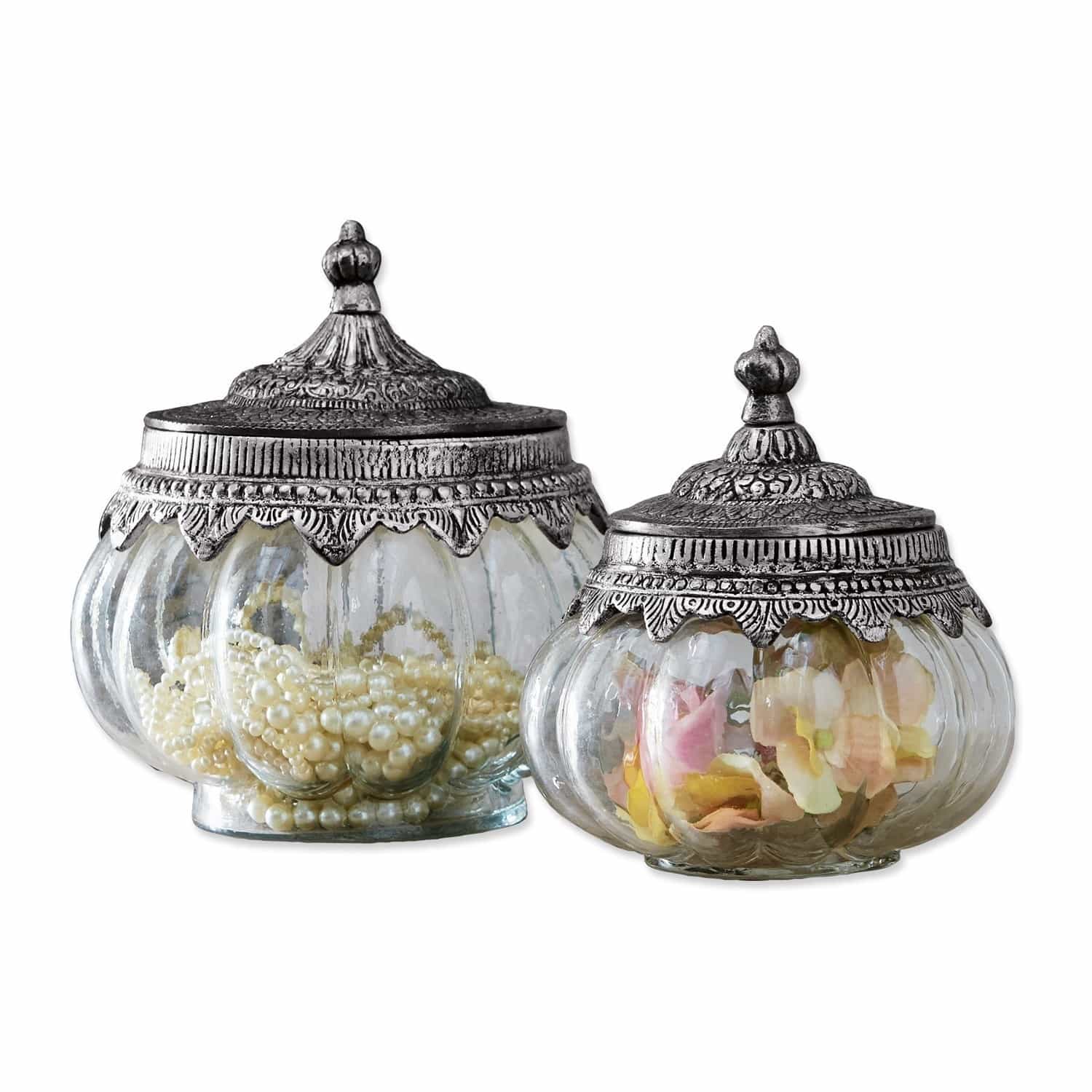 Glazen pot set van 2 Madelon Set van twee glazen potten met decoratieve metalen deksels in vintage stijl