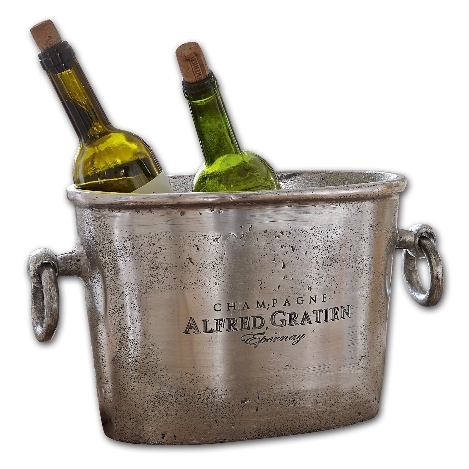 Champagnekoeler Alfred Metalen zilverkleurige wijnkoeler met opschrift Alfred Gratien, met twee wijnflessen met kurk
