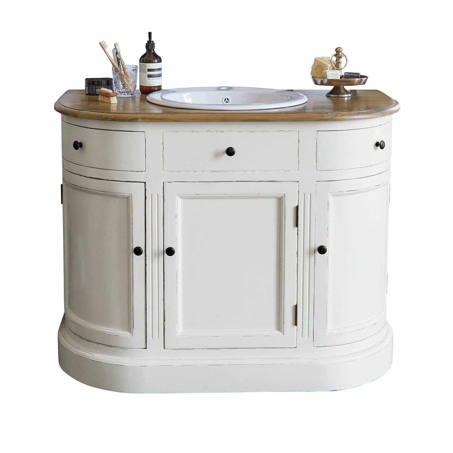 Wastafelmeubel Louisiana Witte houten badkamerkast met wastafel en houten blad in vintage stijl