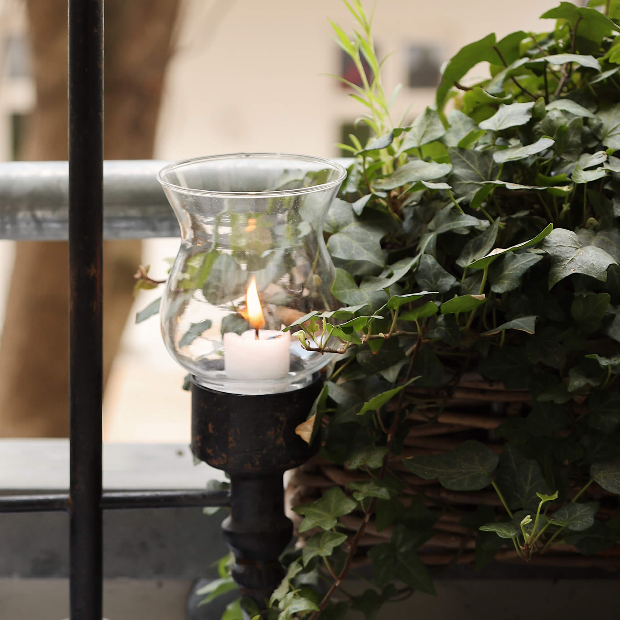 Glazen lantaarn met brandende kaars op metalen houder naast groene klimop op balkon