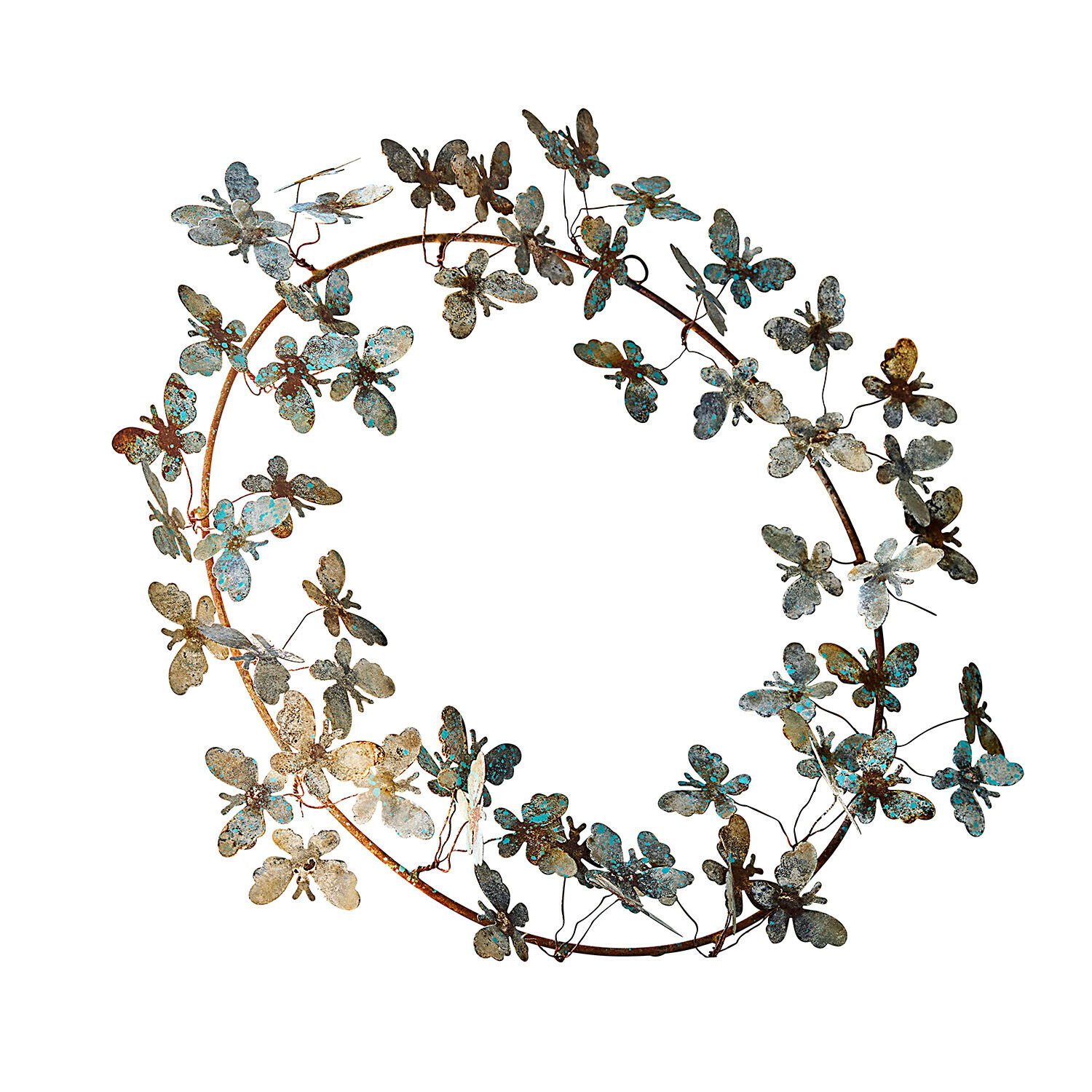 Metalen krans met vlinders in roest- en turkoois tinten, wanddecoratie voor binnen en tuin