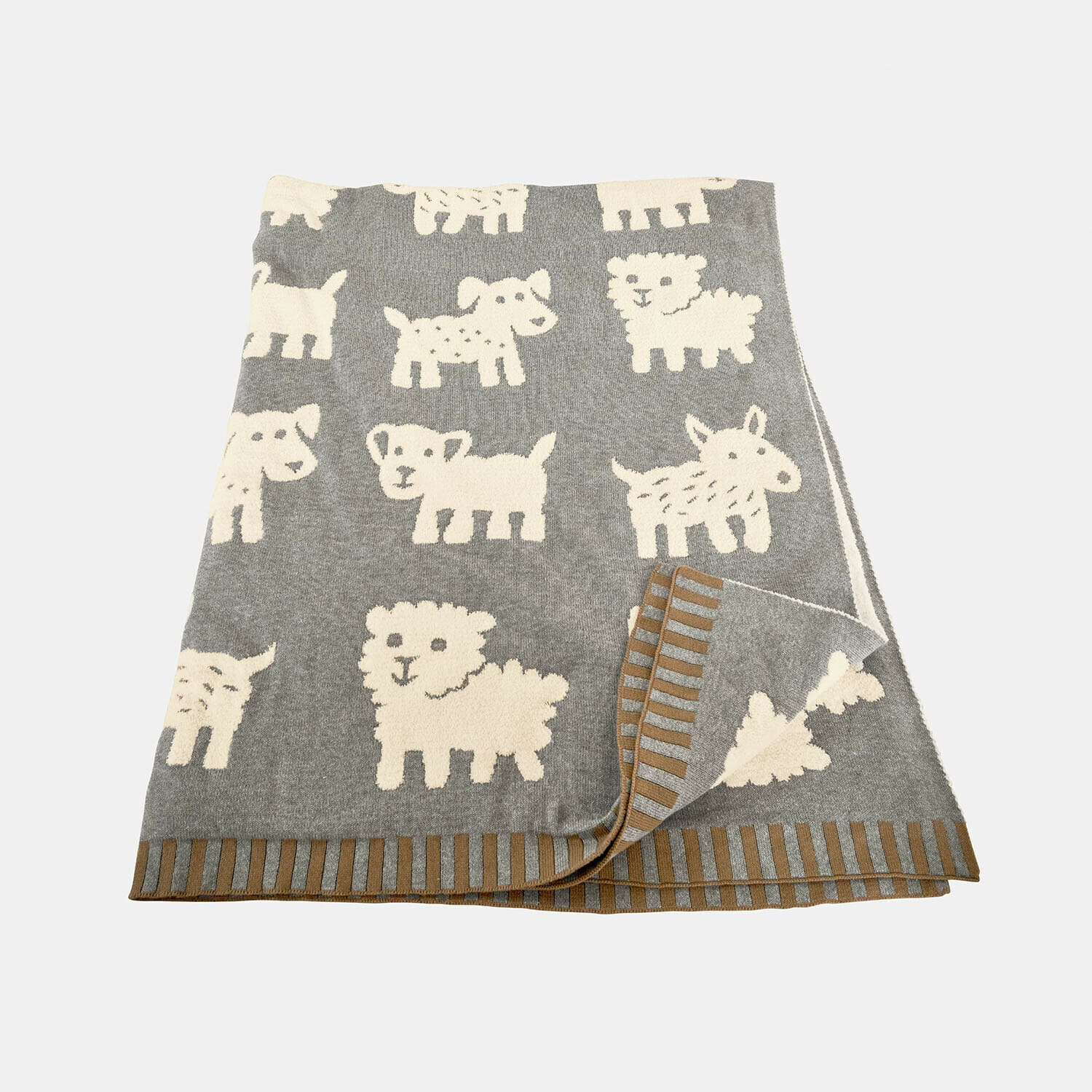 Hondendeken Fluffido Grijze deken met witte dierenpatronen en bruine rand, zacht materiaal, kinderkamerdecoratie