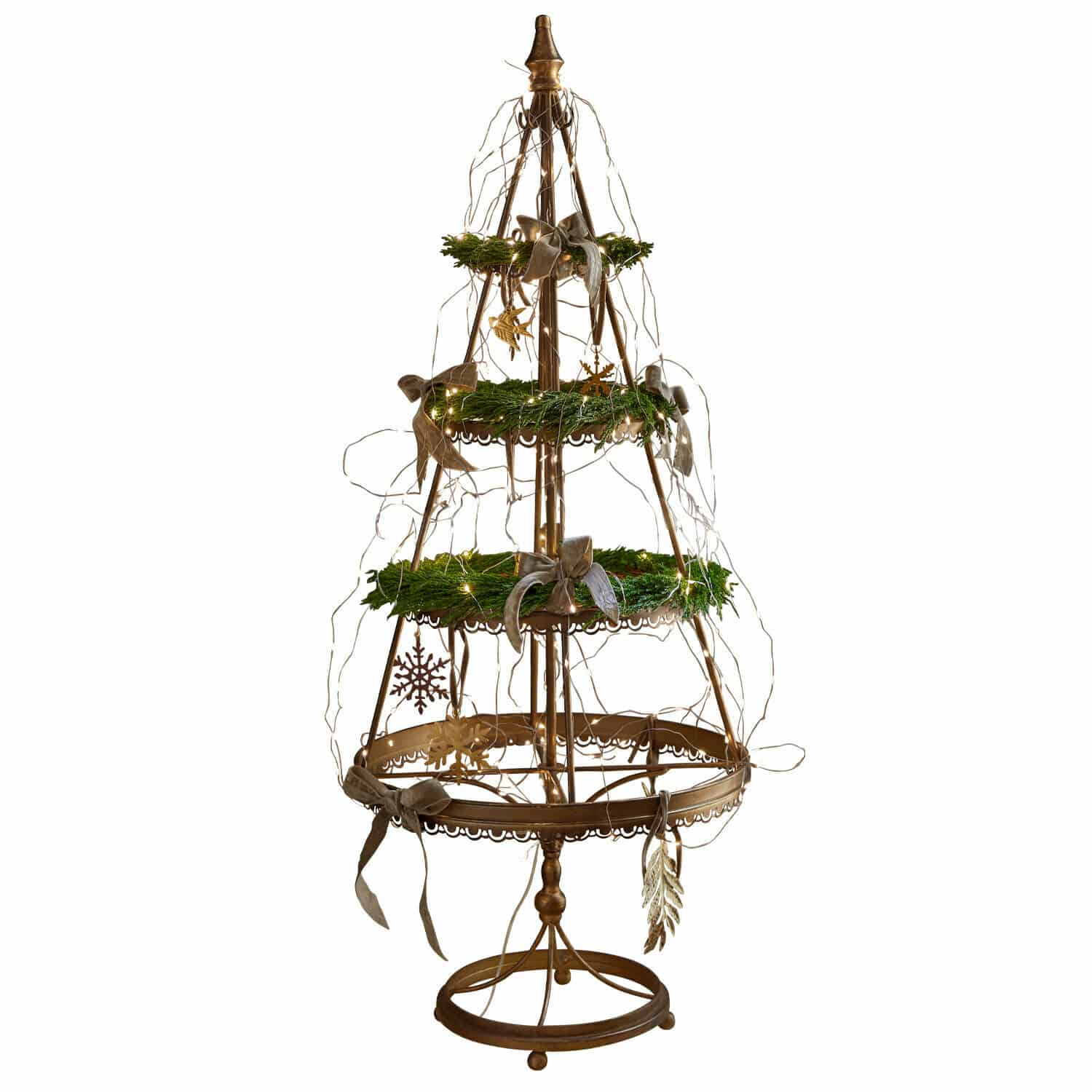 Sierboom Yolivine Metalen kerstdecoratie in boomvorm met groene kransen en LED-lichtjes