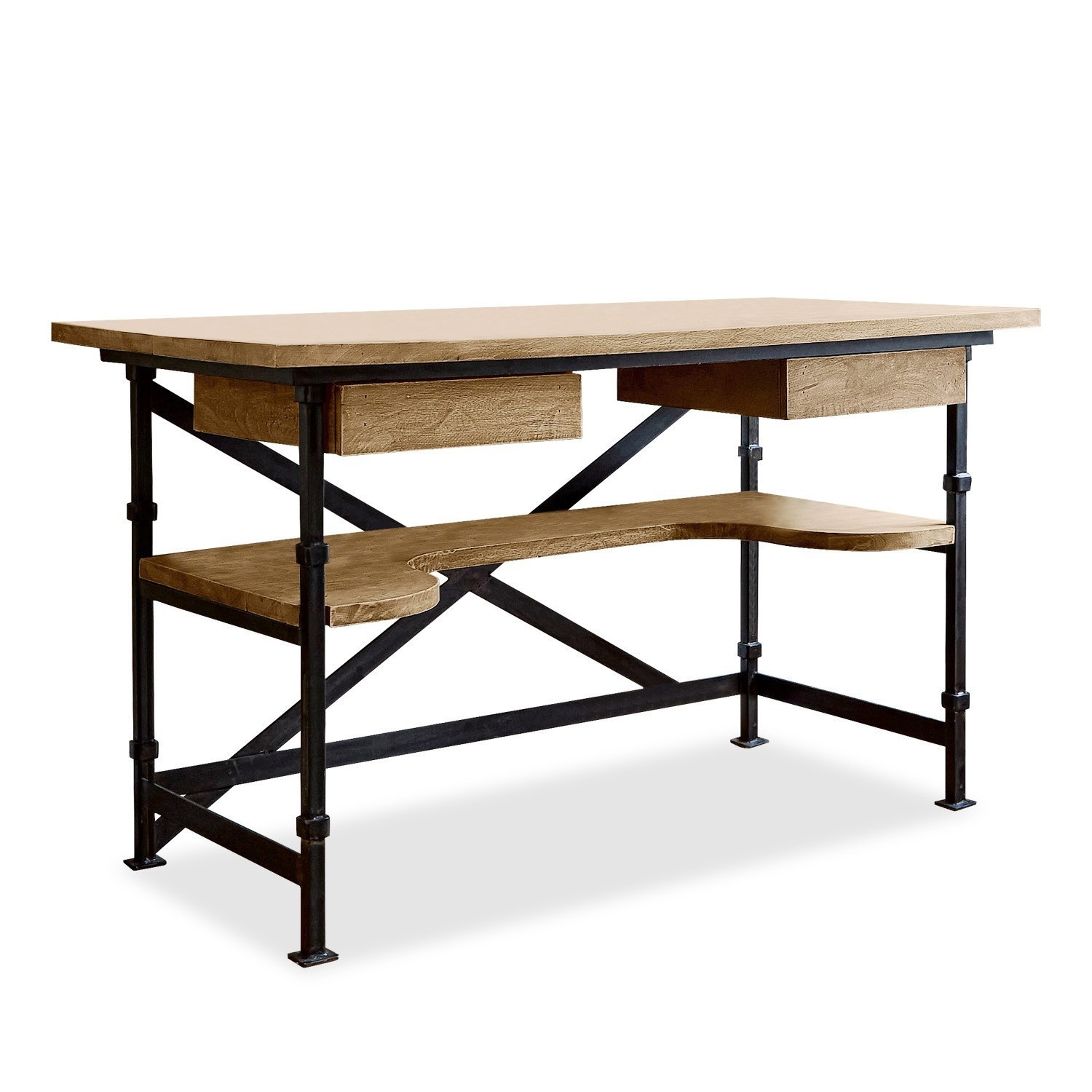 Bureau Glenwood Bureau van massief hout en zwart metaal met onderplank, industrieel design, werkmeubel