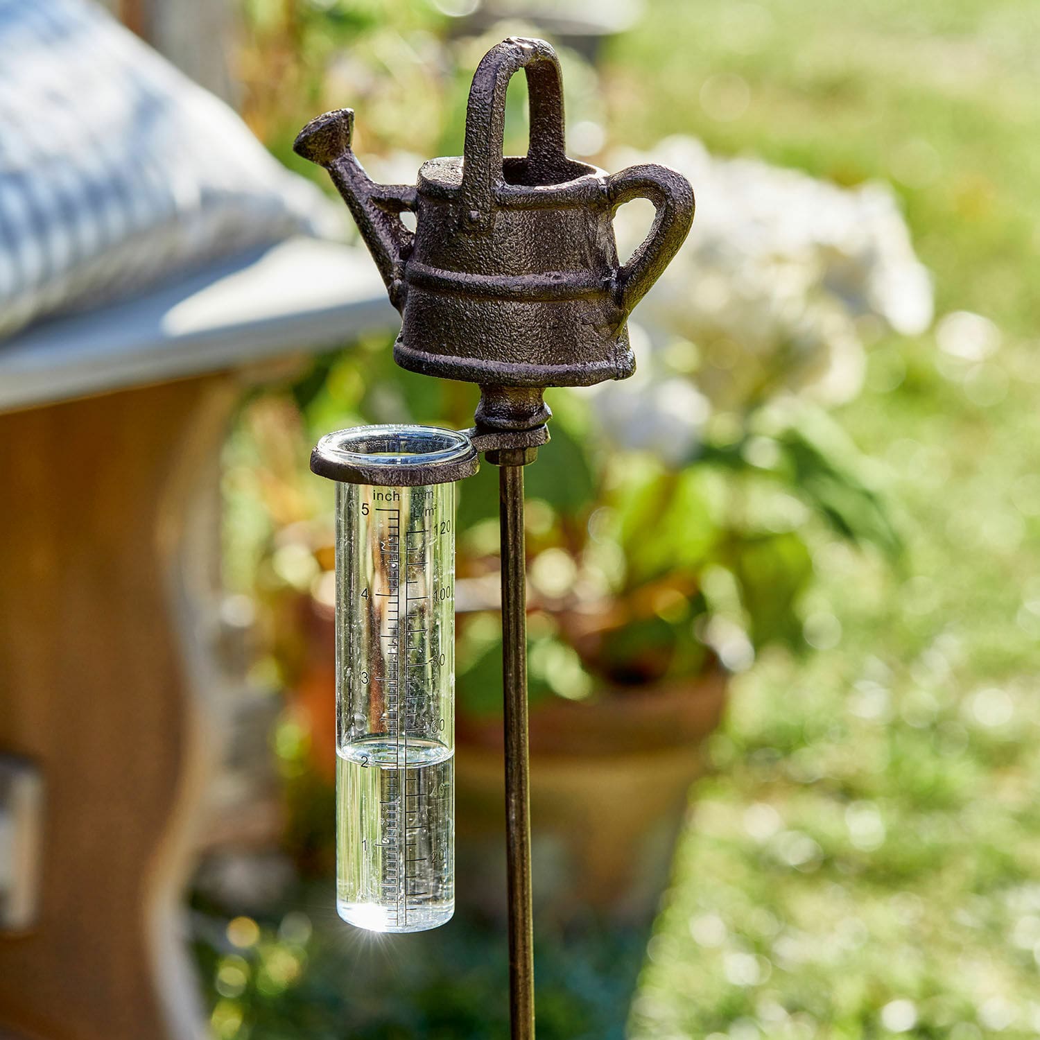 Pluviometer Vilat Donkere metalen regenmeter met gieterornament in de tuin op groen gras