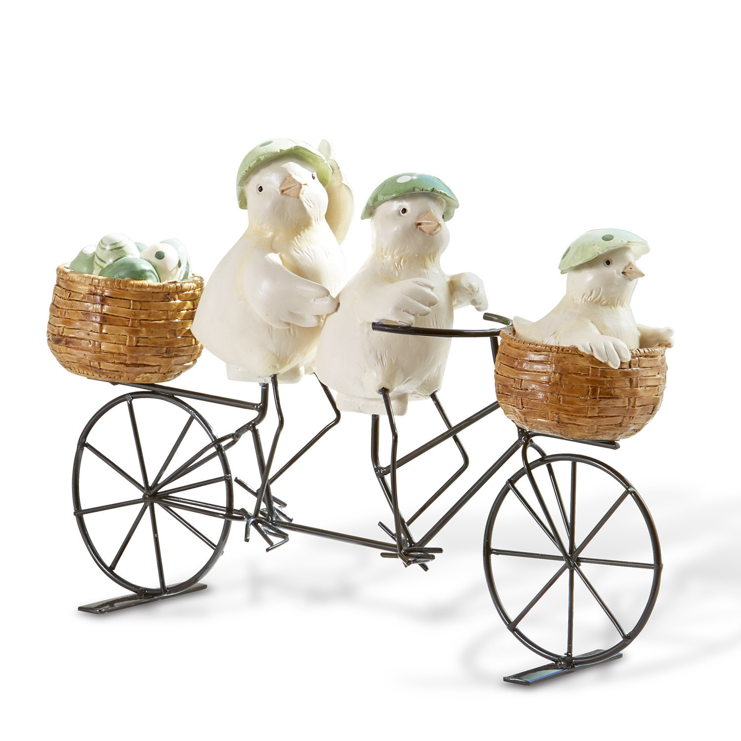 Decoratie van metaal en keramiek met drie witte vogels op een fiets met groene helmen en gevlochten manden
