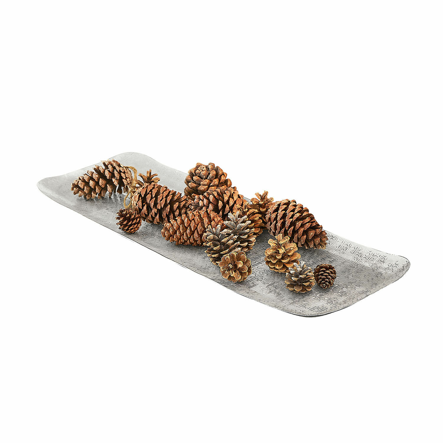 Schaal Élodine Decoratief zilverkleurig metalen dienblad met natuurlijke bruine dennenappels voor interieurdecoratie