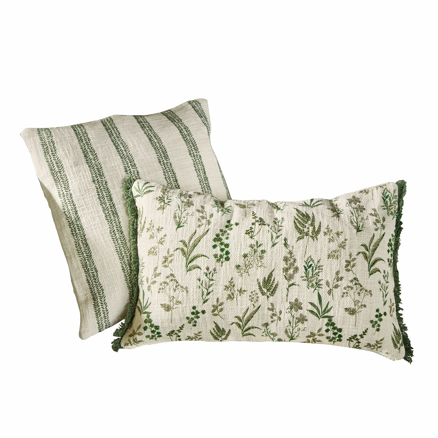 Kussenhoes set van 2 Wescombe Set van twee decoratieve katoenen kussens met crème-groene plantenpatronen en strepen