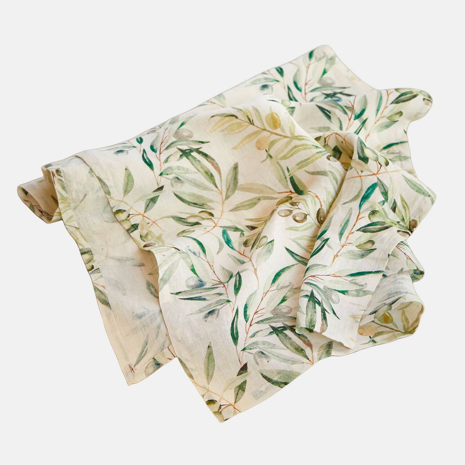 Tafelloper Nolaria Linnen tafellaken in crème met groen bladmotief, decoratieve tafelbekleding voor eetkamer