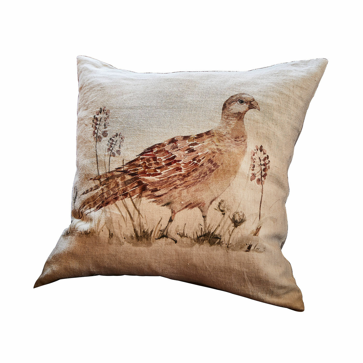Kussenhoes Vivoso Decoratief linnen kussen in beige met vogel- en plantenprint, woontextiel