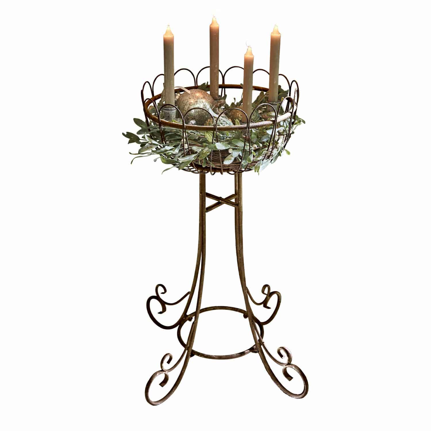 Sierstandaard Évariste Metalen standaard met decoratieve mand, kaarsen en groene bladeren, interieurdecoratie