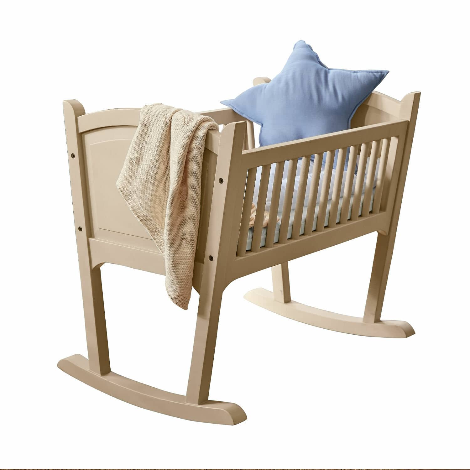 Wieg Aiguillon Beige houten wieg met blauwe stervormige kussen en gebreide deken voor baby's