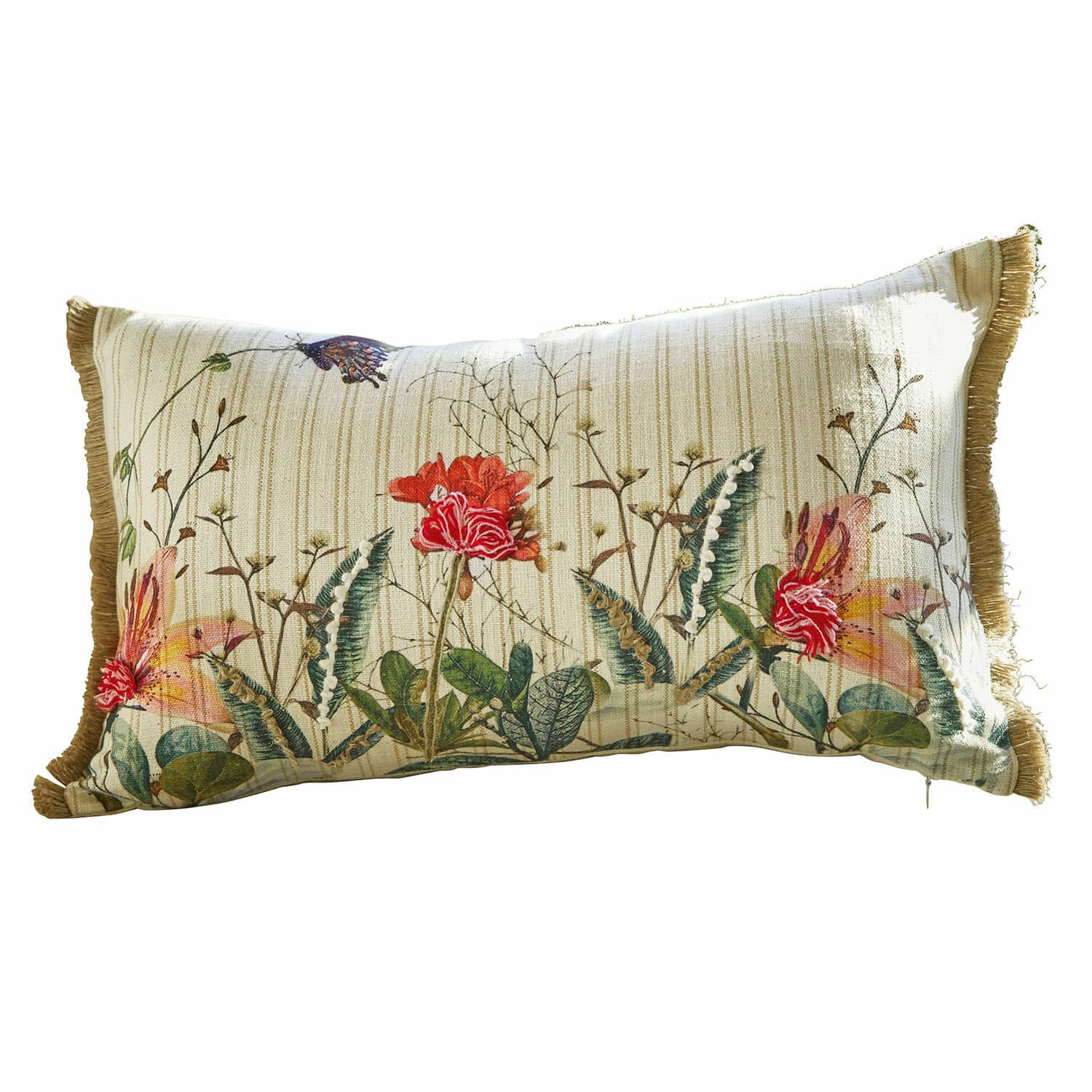 Kussenhoes Floriania Rechthoekig katoenen kussen in beige met strepen, bloemenprint en decoratieve franjes