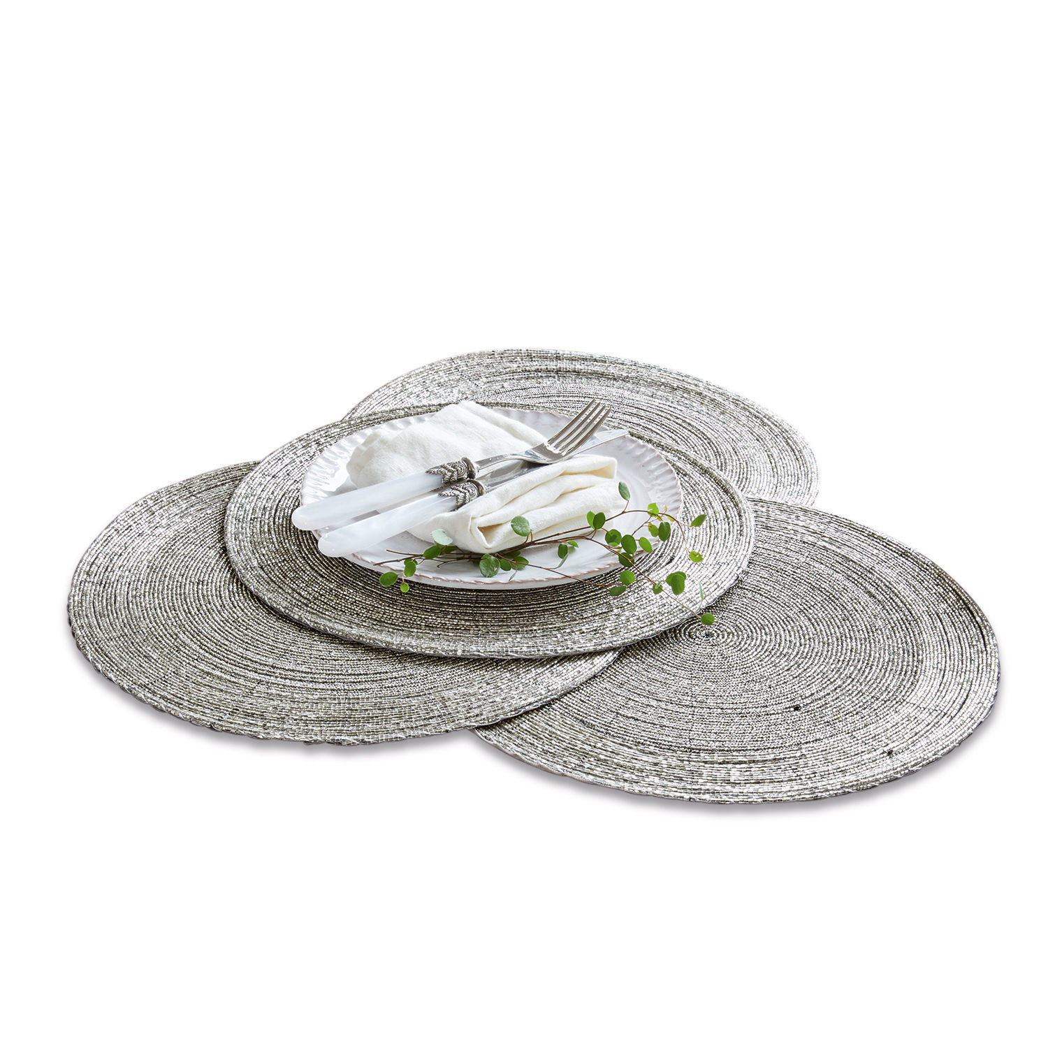 Placemat set van 4 Barningham Set van drie ronde zilveren placemats van gevlochten materiaal voor stijlvolle tafeldecoratie