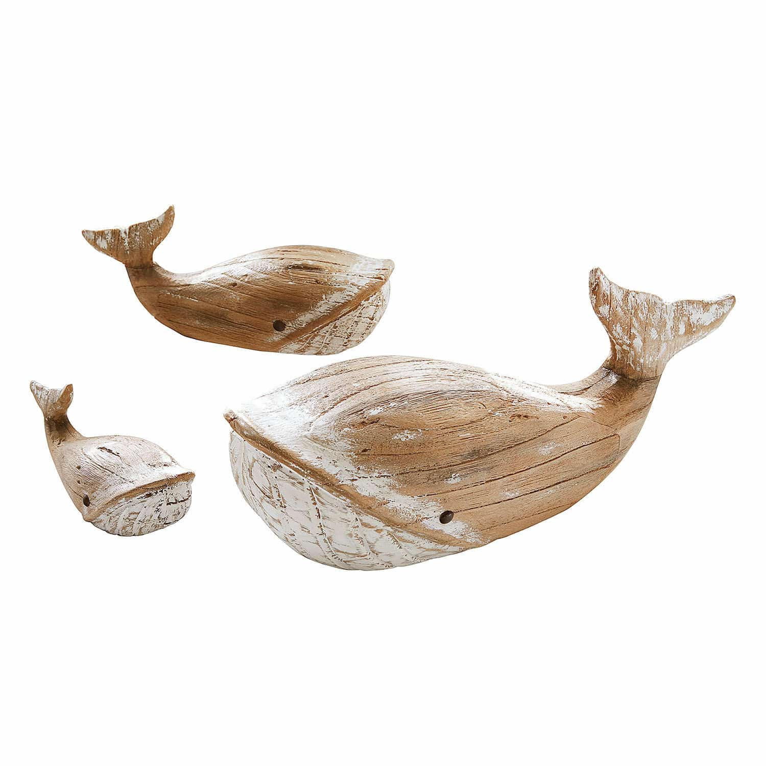 Walvis set van 3 Breezie Set van drie houten walvisdecoraties in natuurlijke kleur met witte accenten, woondecoratie.