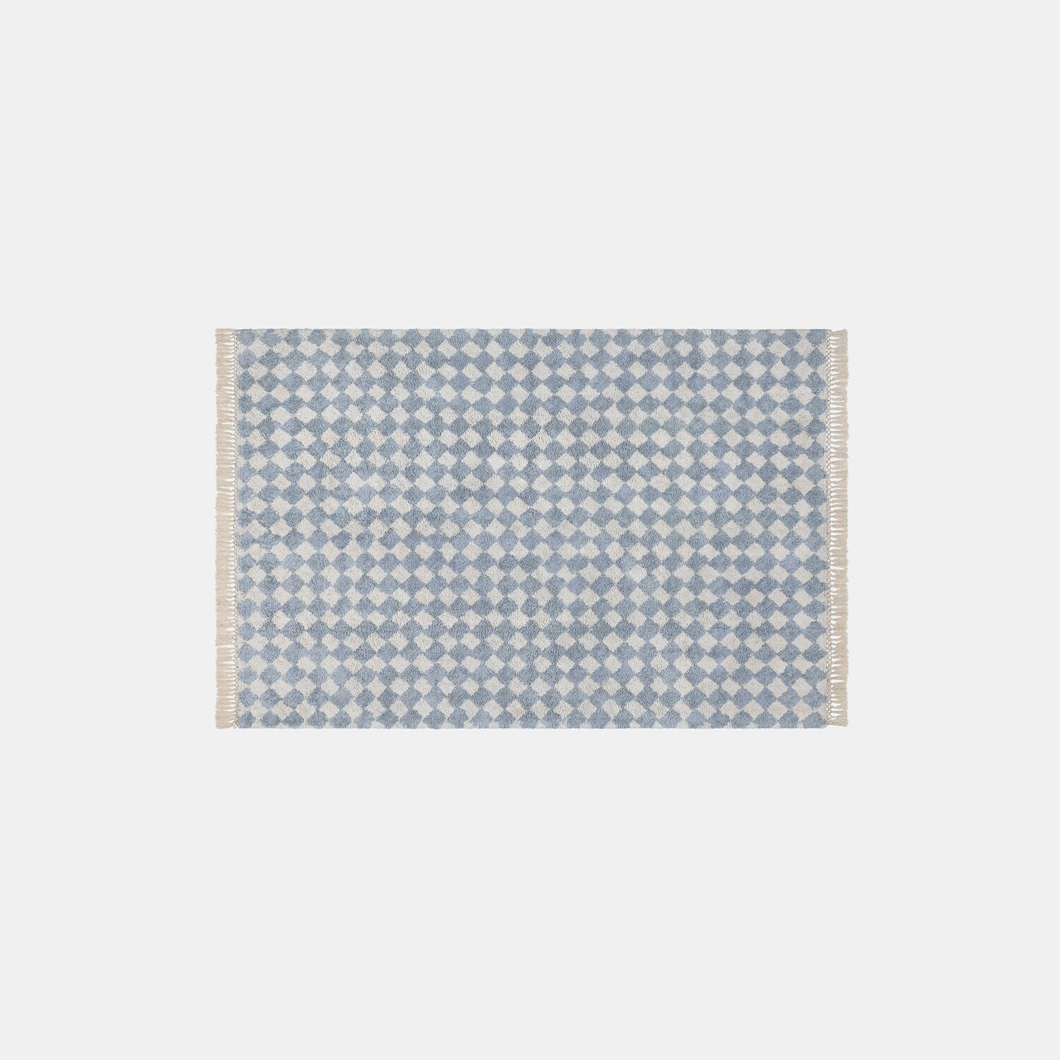 Vloerkleed Wayburn Katoenen vloerkleed in blauw-witte ruit met franjes aan de zijkanten, decoratief en zacht