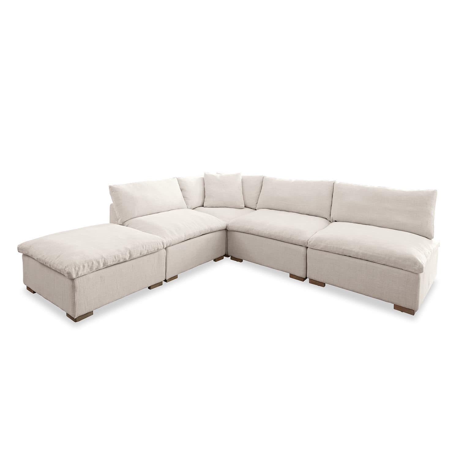 Modulaire bank Baladou Grote lichtbeige stoffen hoekbank met zachte kussens en houten poten voor een gezellige woonkamer
