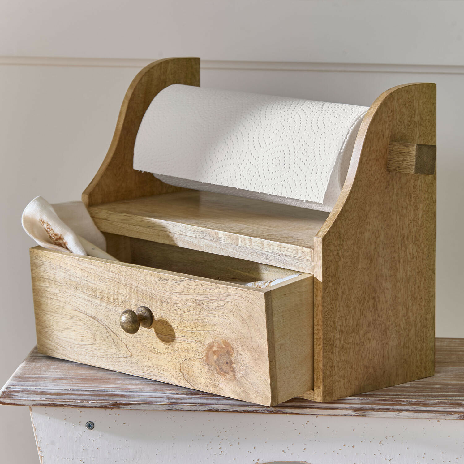 Organizer Roisenn Houten keukenrolhouder met lade voor servetten, natuurlijke houtkleur, praktische keukenorganizer