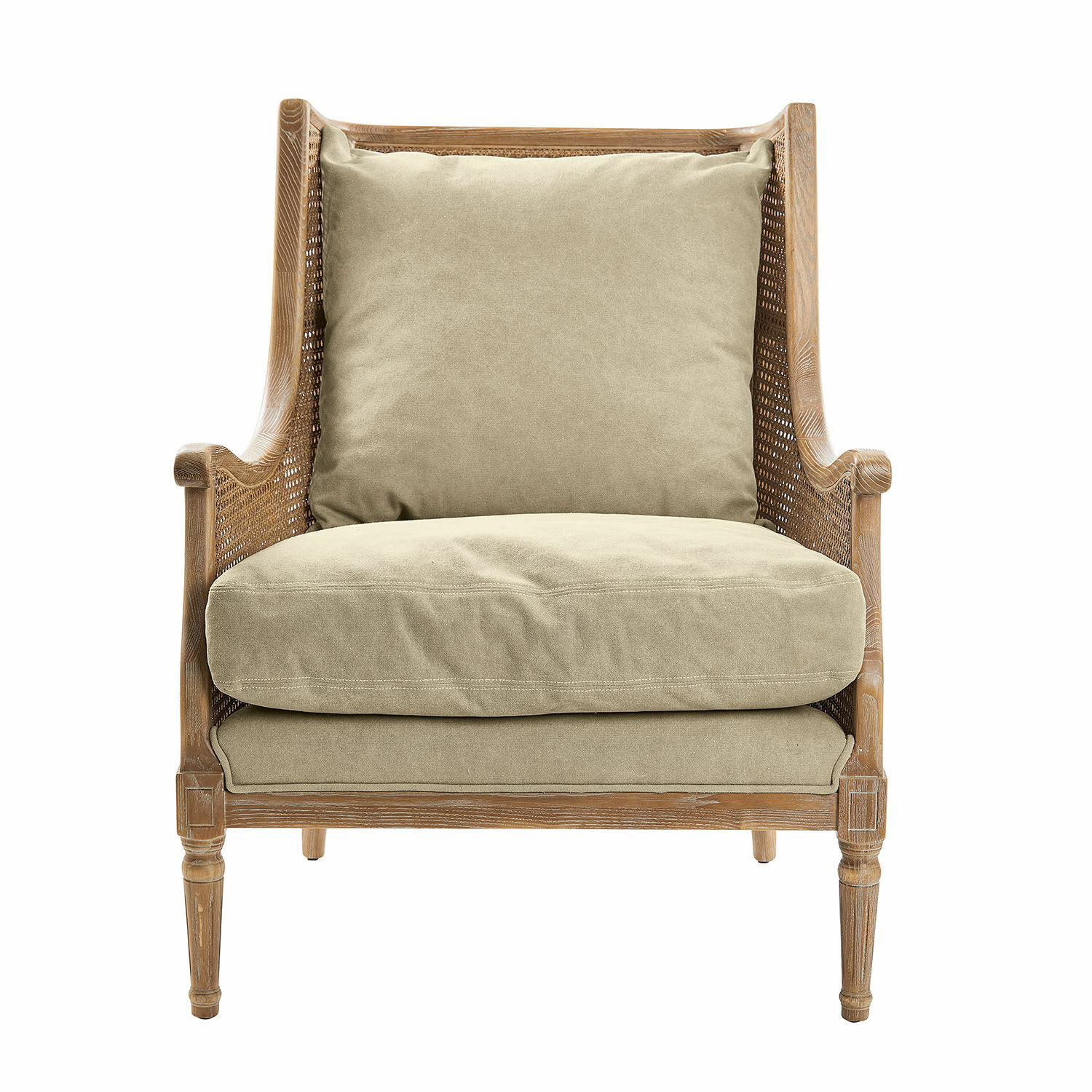 antiekbruin/beige Greenbrier fauteuil met beige stof en antiekbruin hout, stijlvolle woonkamermeubel