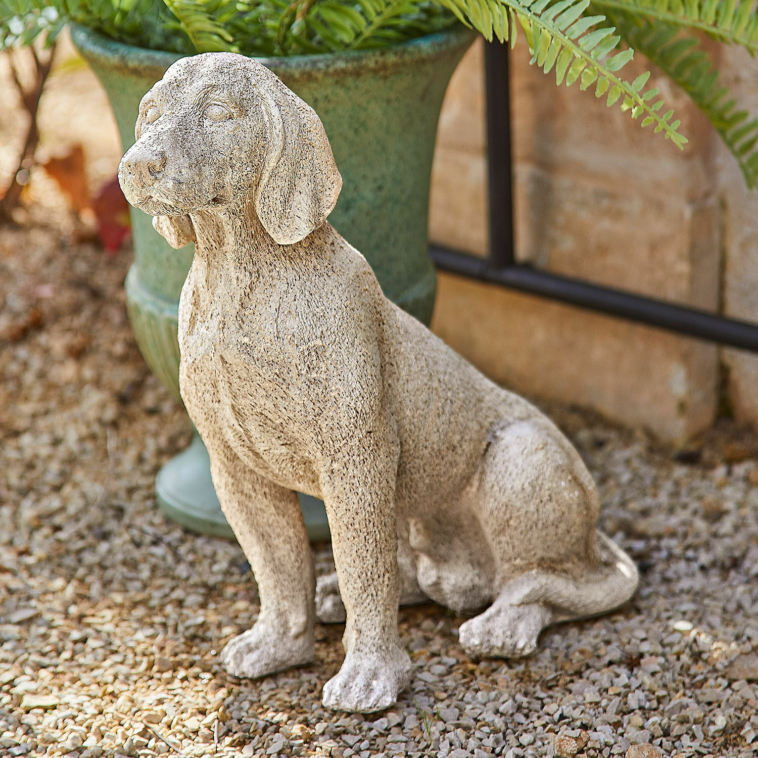 Decoratieve hond Albinor Decoratief hondenbeeld van beige steen in de tuin op grind