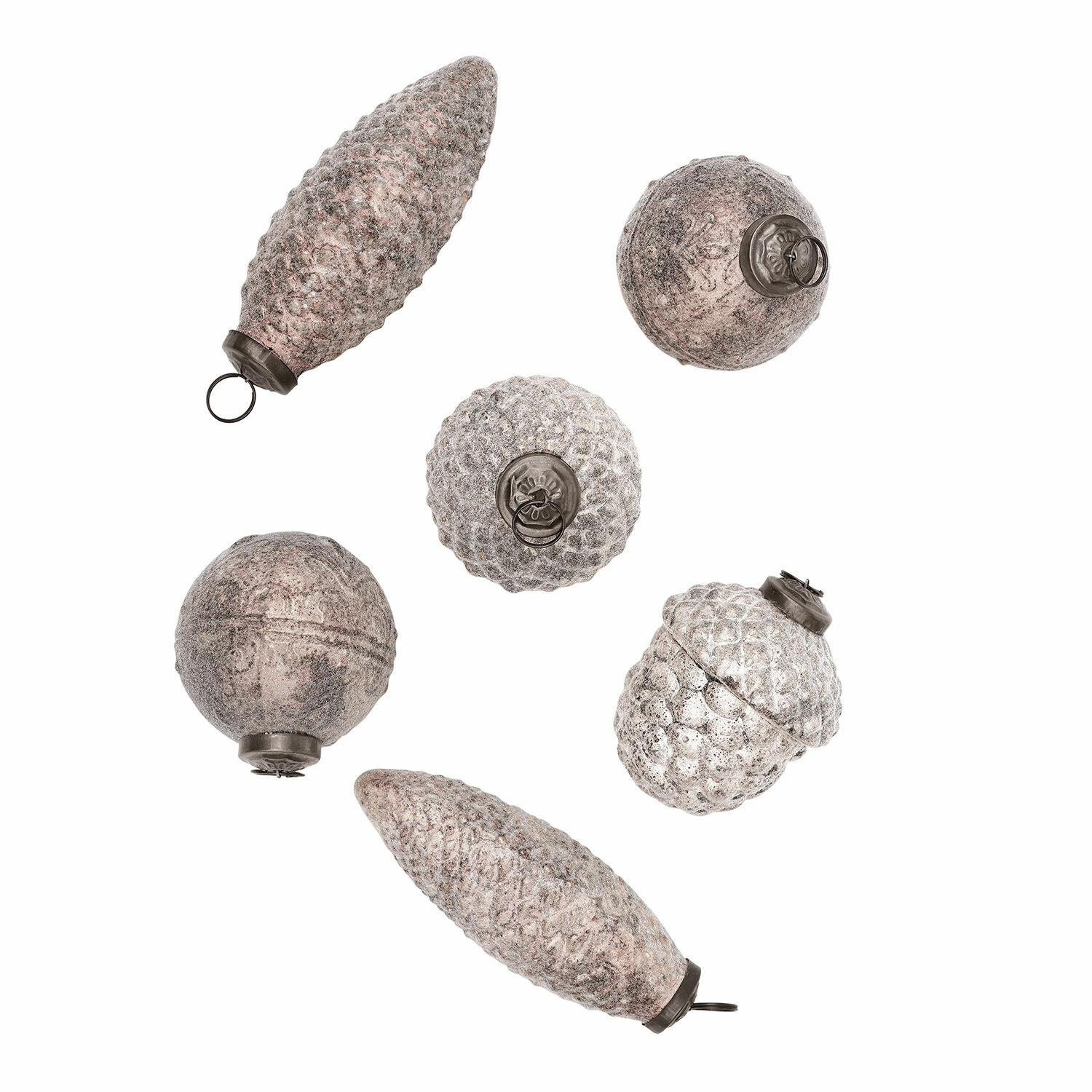 Set van 6 witte kerstversieringen in dennenappelvorm met gestructureerd oppervlak