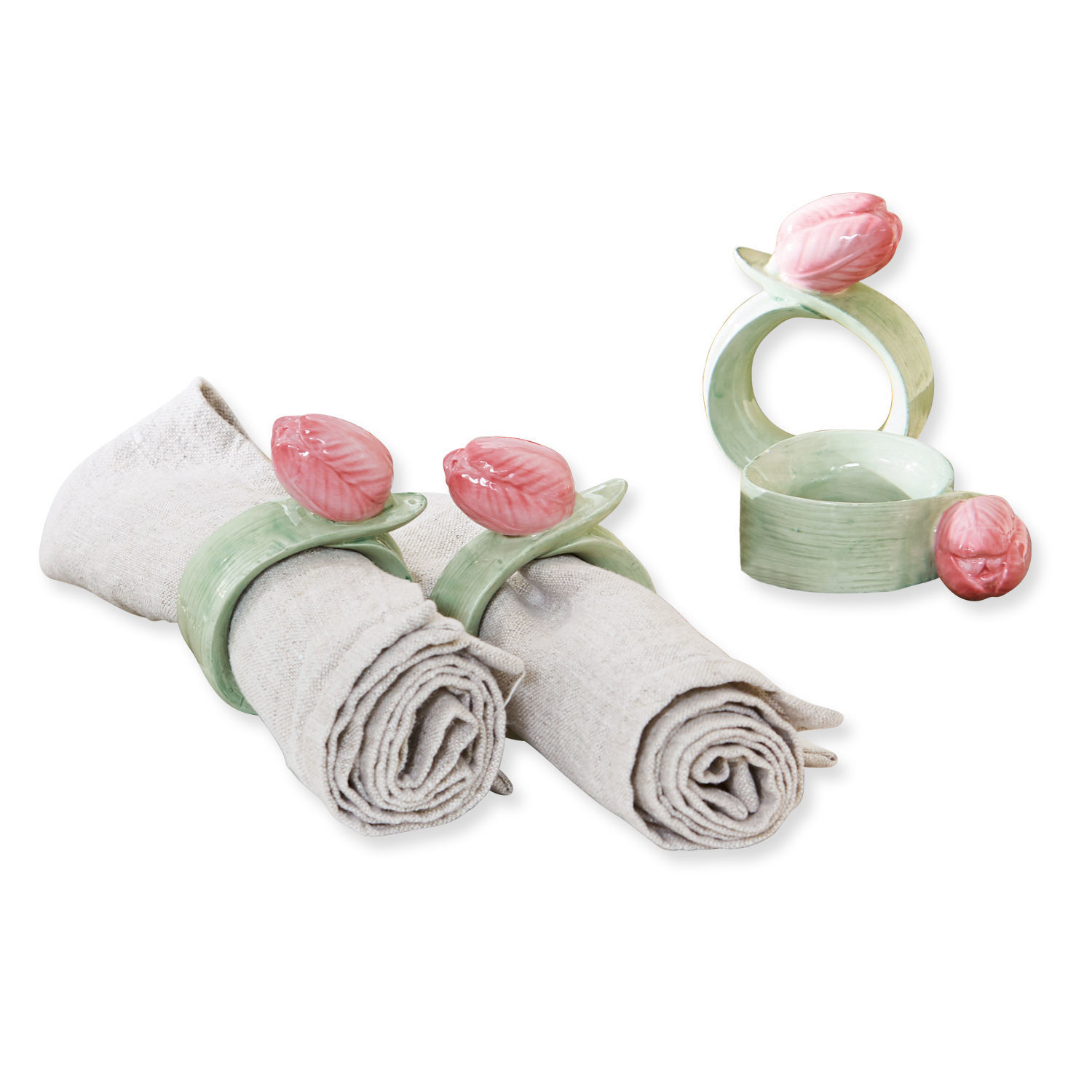 Servetring set van 4 Monique Set keramische servetringen met roze bloemen en groene bladeren voor tafeldecoratie