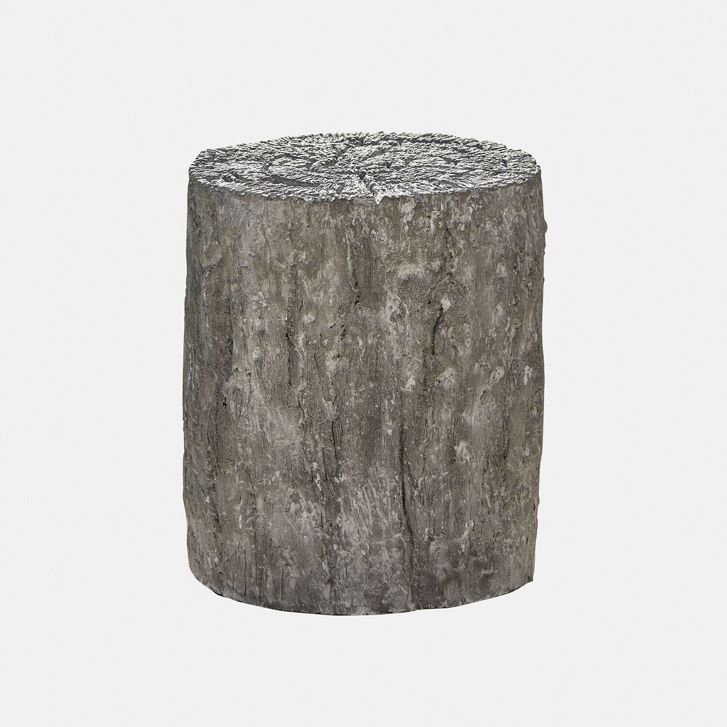 Bijzettafel Falmont Decoratieve kruk in boomstamvorm van grijs materiaal met houtstructuur