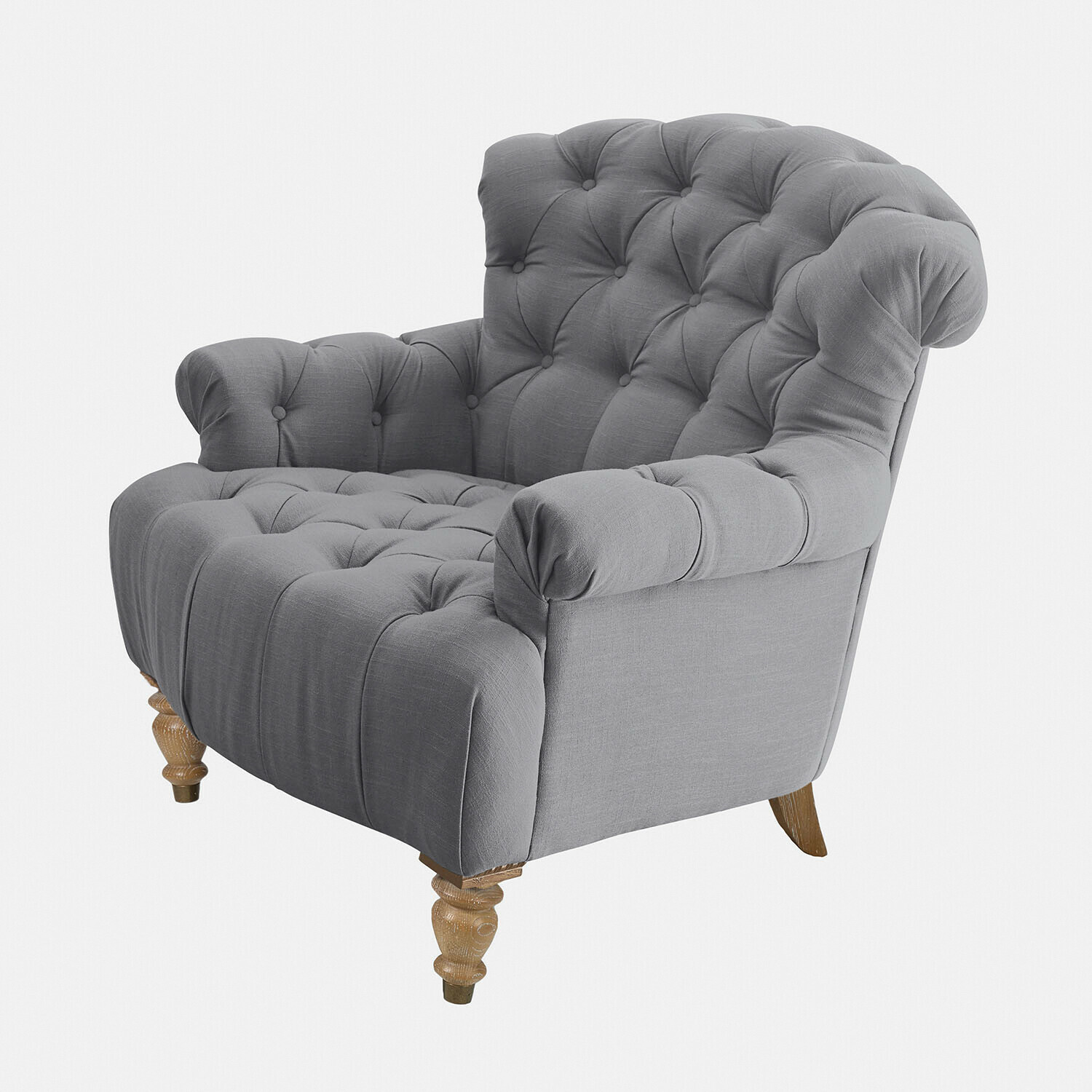 Fauteuil Springfield Grijze gestoffeerde stoffen bank met doorgestikte rugleuning en houten poten voor woonkamer