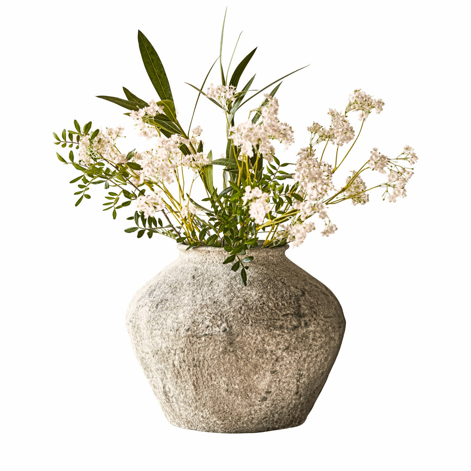 Vaas Champs Decoratieve grijze stenen vaas met witte bloemen en groene bladeren voor interieurdecoratie