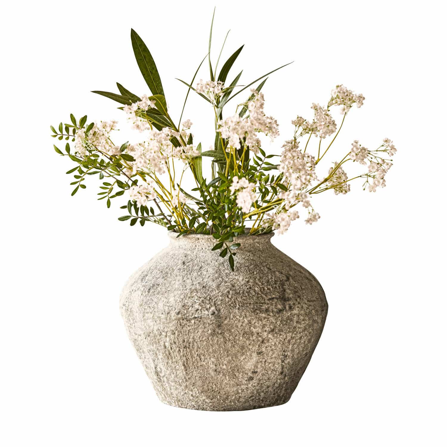 Vaas Champs Decoratieve grijze stenen vaas met witte bloemen en groene bladeren voor interieurdecoratie