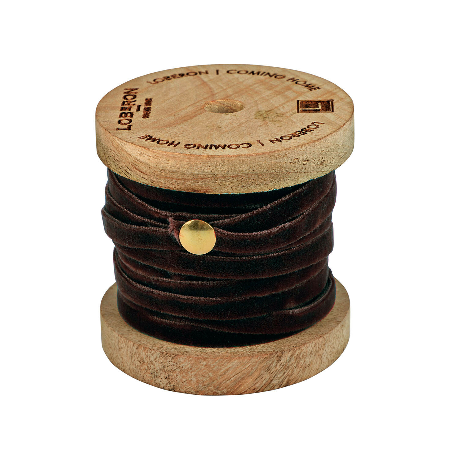 Bruin fluwelen lint Olessa op houten klos, decoratief lint voor knutselen en decoratie