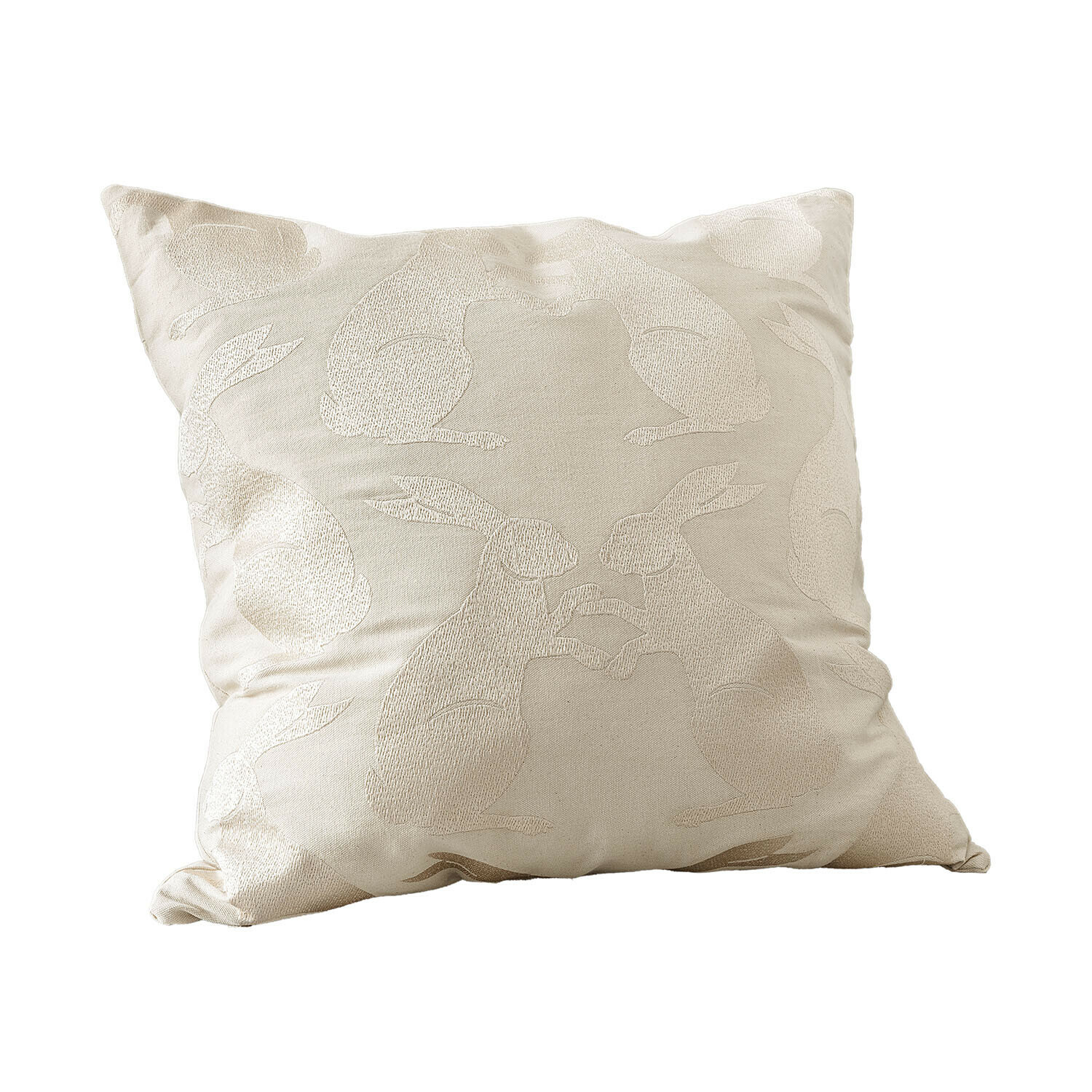 Beige sierkussen met geborduurd konijnenpatroon, zachte stof, stijlvolle woondecoratie