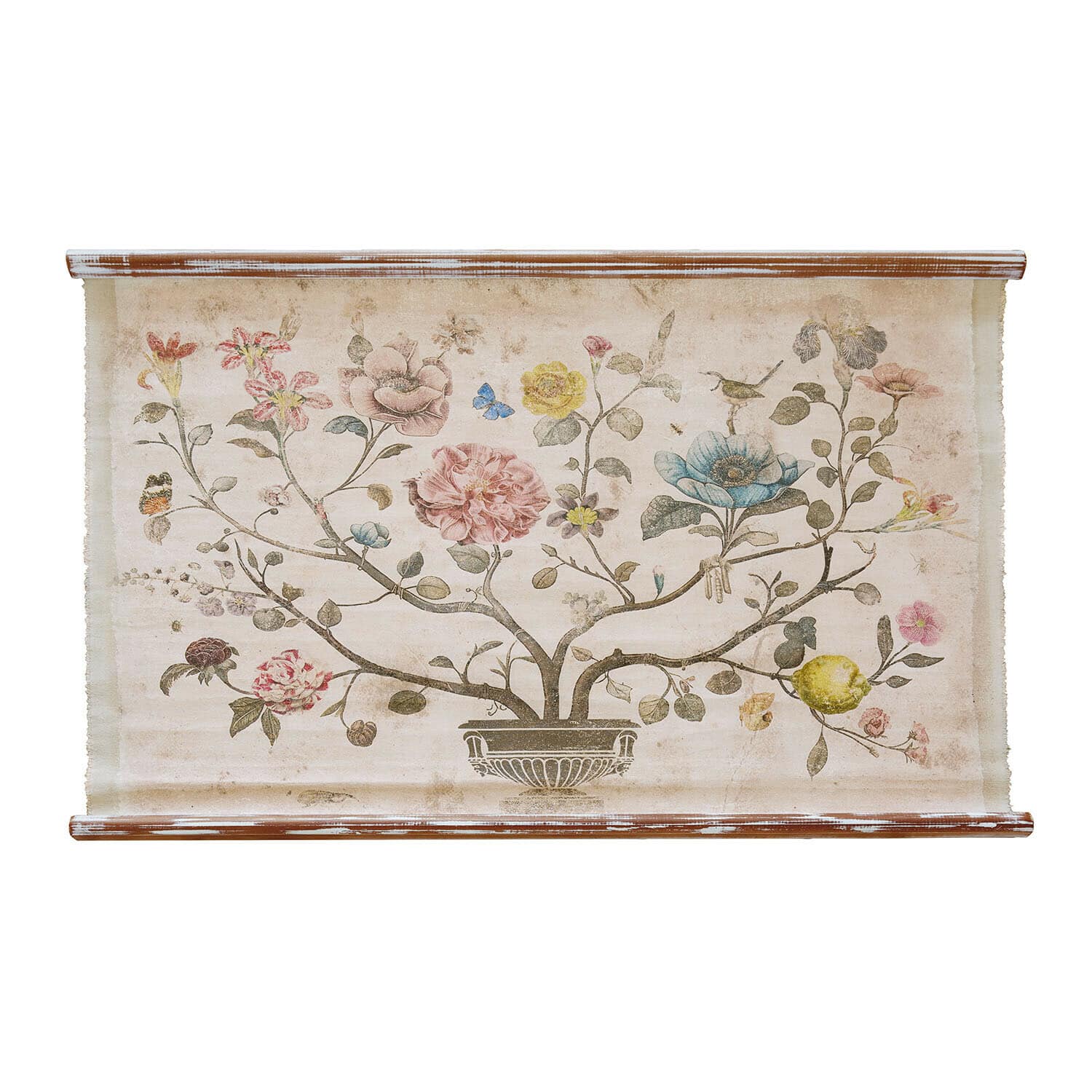 Decoratief canvas met pastelgekleurde bloemenprint en verouderde houten lijst