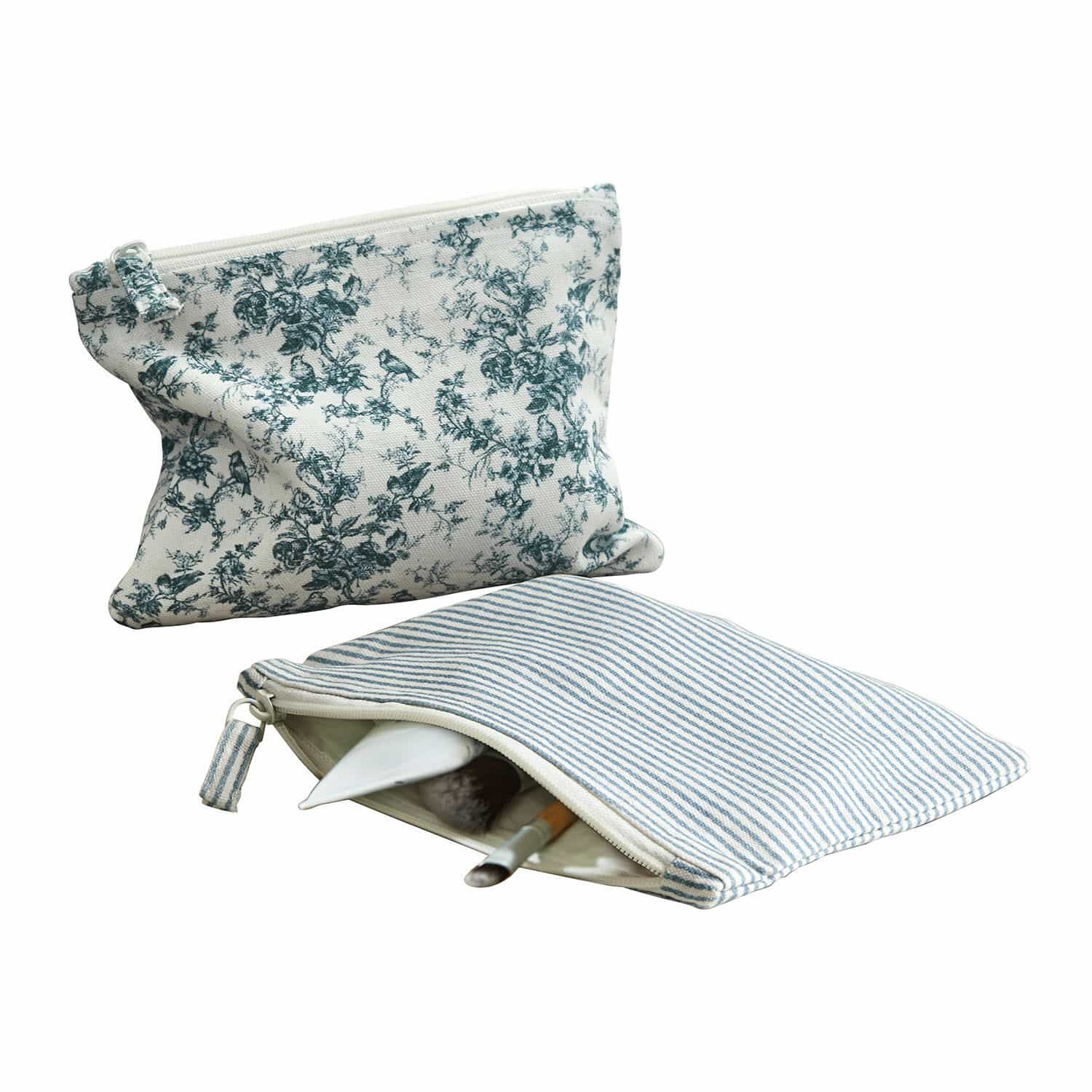 Twee katoenen make-uptasjes met blauw-wit gestreept en bloemmotief voor opbergen