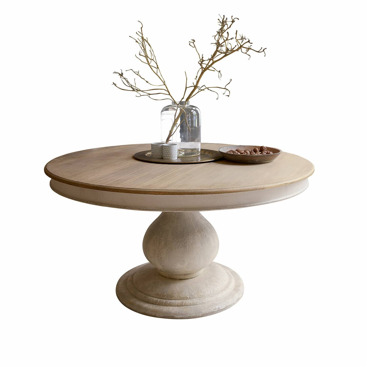 Eettafel Calvigny Ronde tafel van licht hout met stenen voet en decoratie op het blad voor de woonkamer