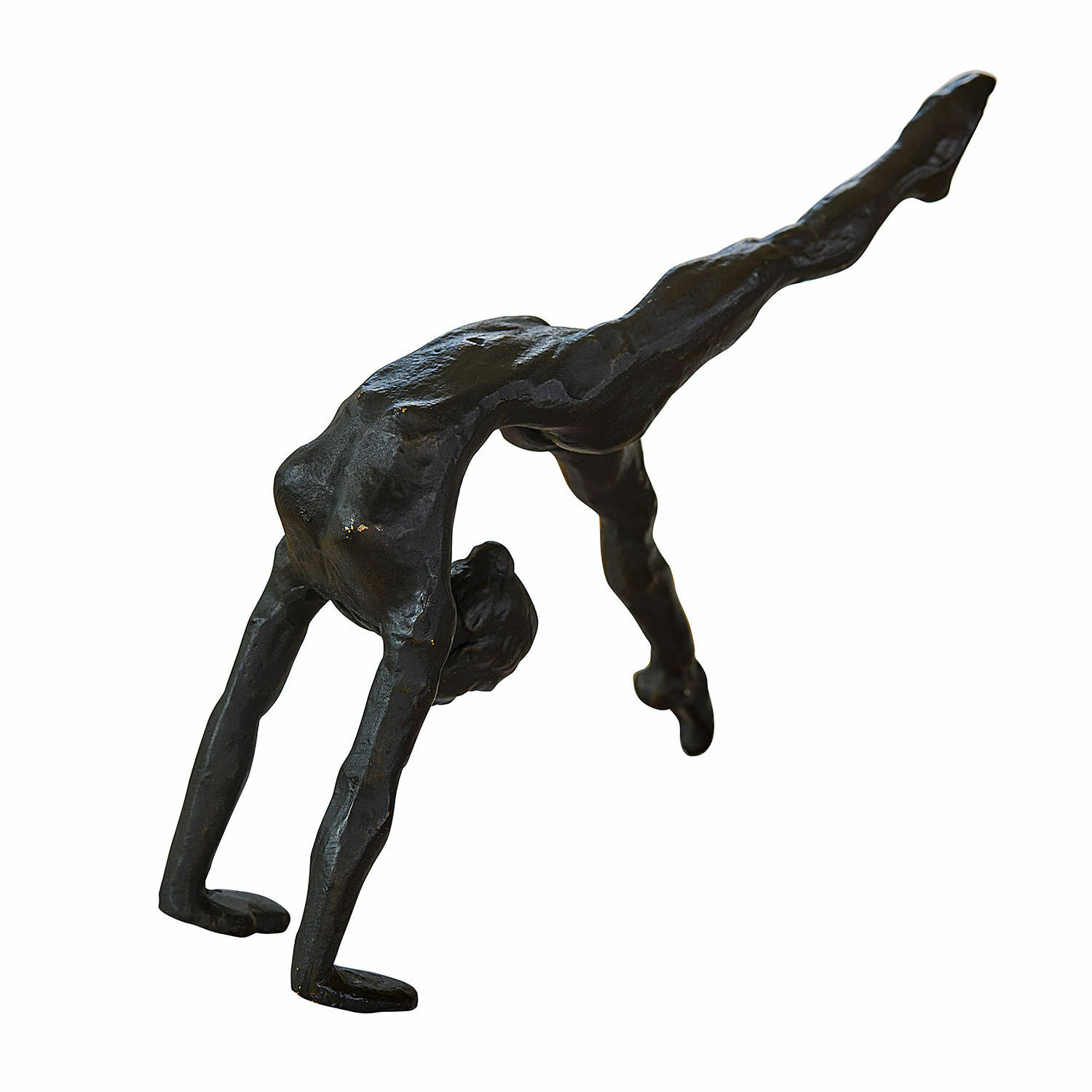 Zwarte metalen sculptuur van een figuur in handstand als decoratief object