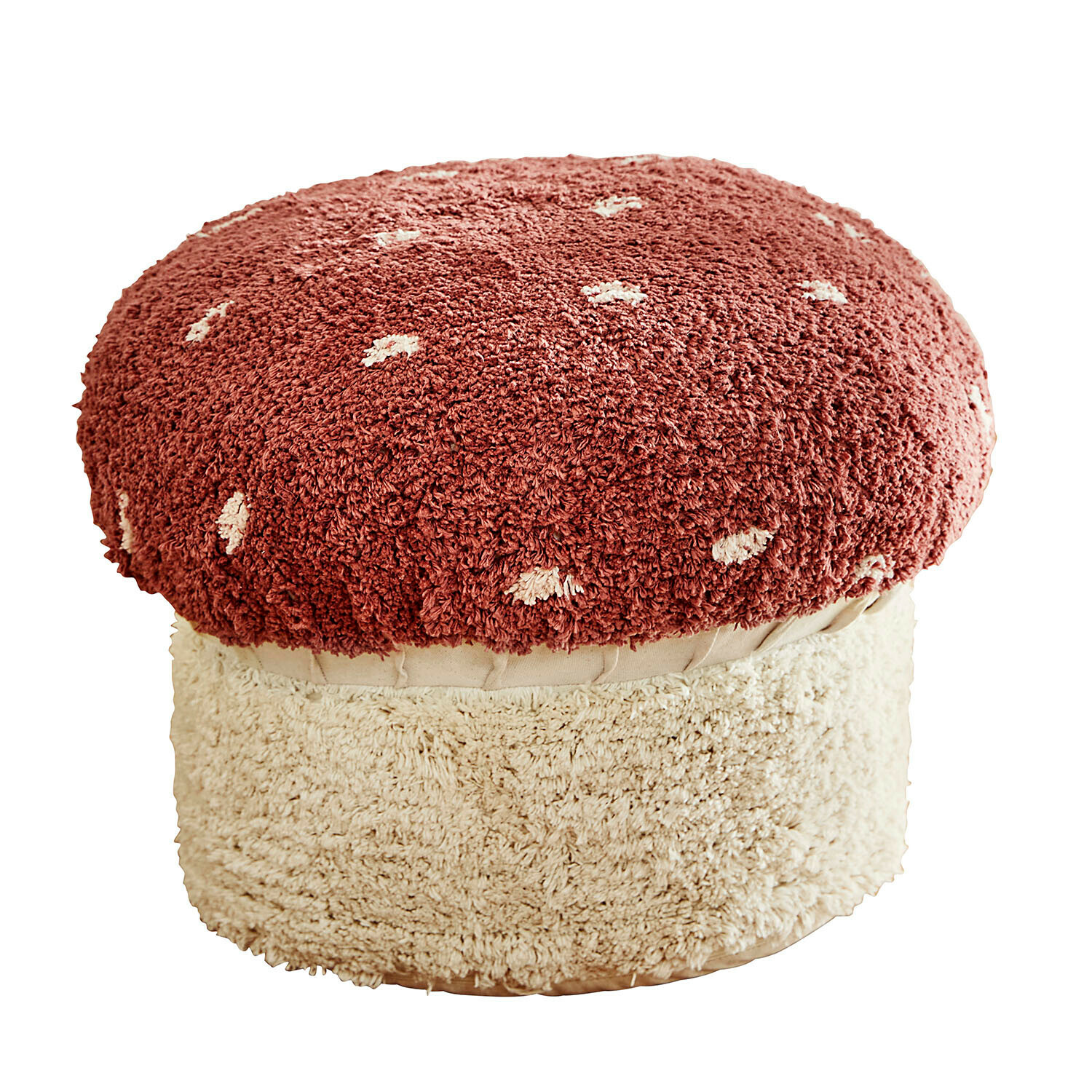 Poef Norilie Paddenstoelvormige poef van zacht materiaal in rood en crème, decoratief meubel voor woonkamer