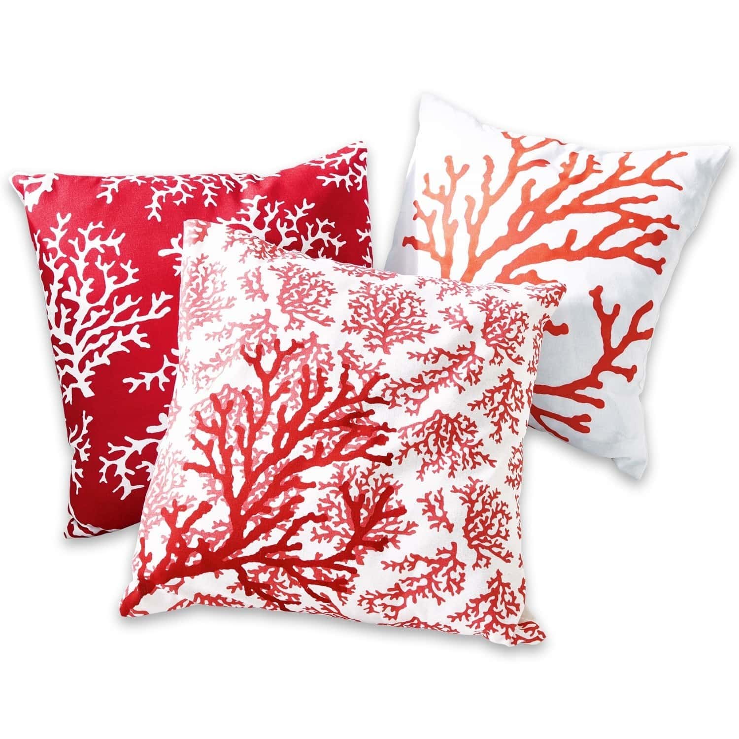 Set van 3 katoenen kussenhoezen met koraalrood patroon op wit en rood, decoratief kussen