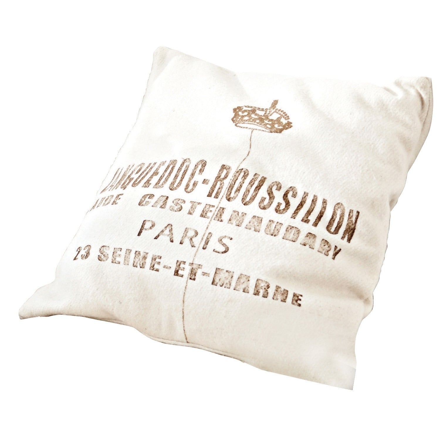 Witte decoratieve kussen met tekstprint en kroon, zachte stof in vintage stijl