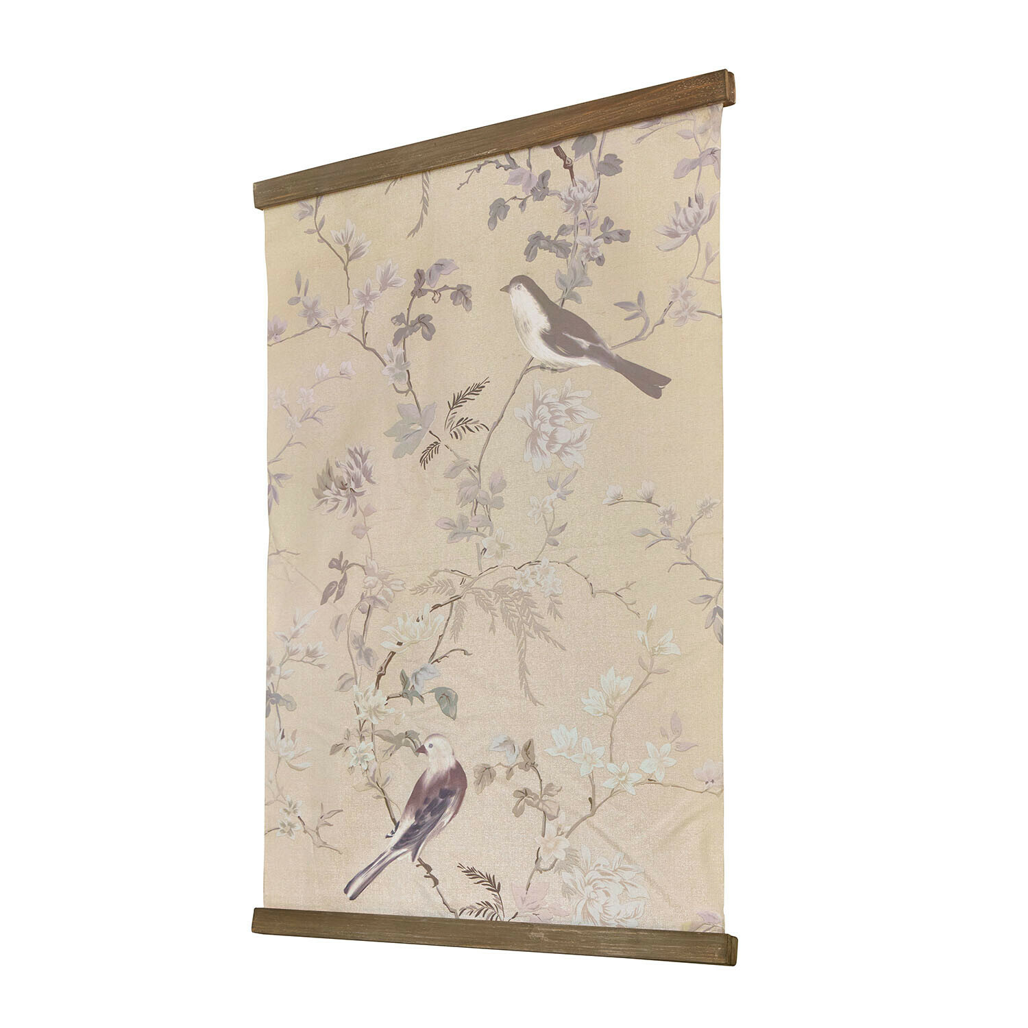 Afbeelding Florémont Decoratief wandpaneel van beige stof met vogel- en bloemmotief, houten latten boven en onder
