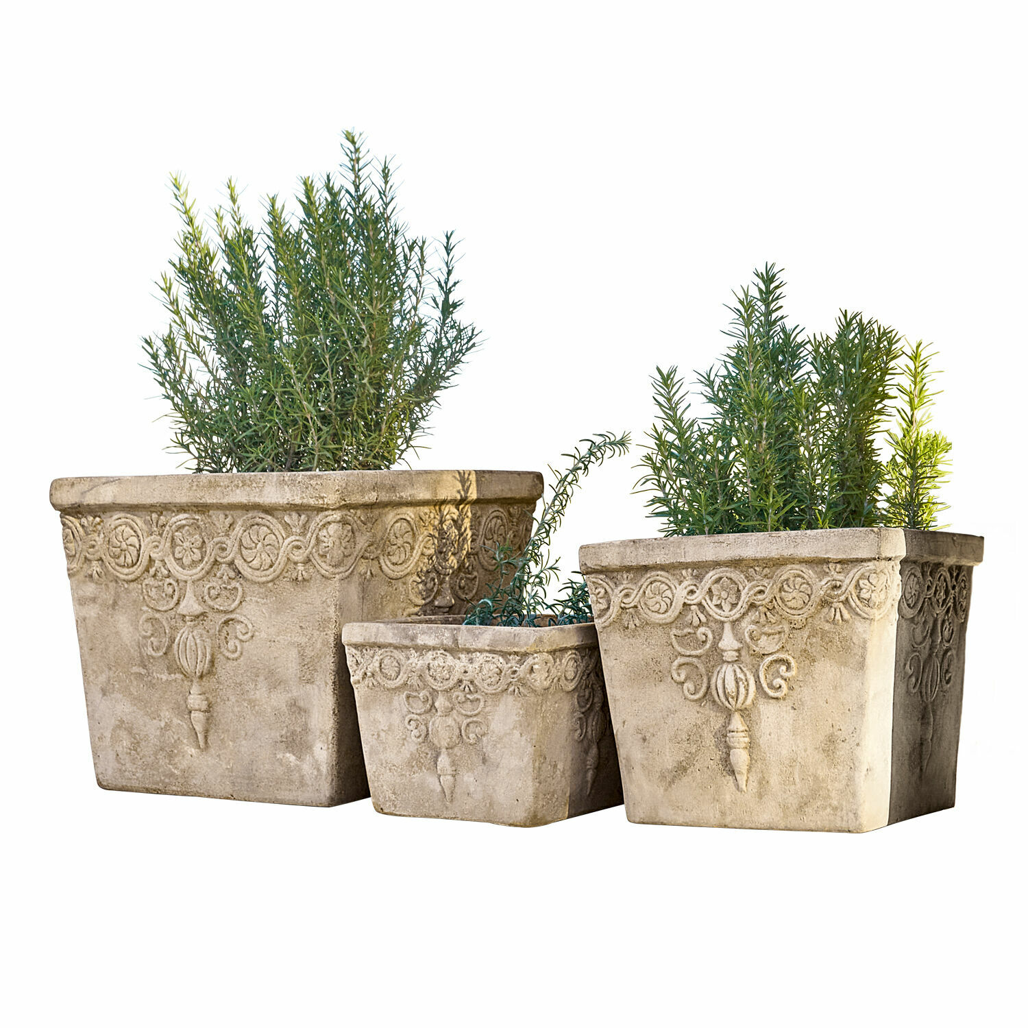Sierpot set van 3 Bissone Set van drie decoratieve bloempotten van beige beton met groene planten voor tuin