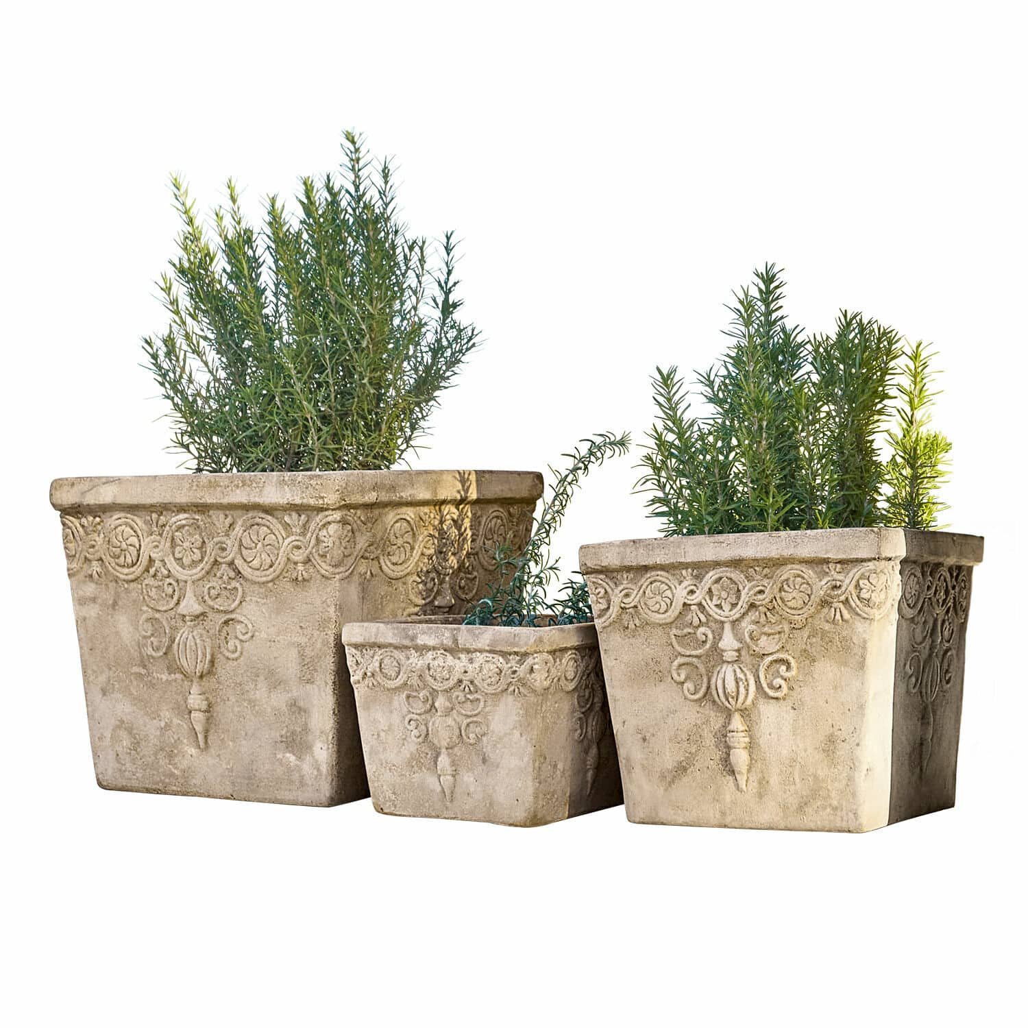Sierpot set van 3 Bissone Set van drie decoratieve bloempotten van beige beton met groene planten voor tuin