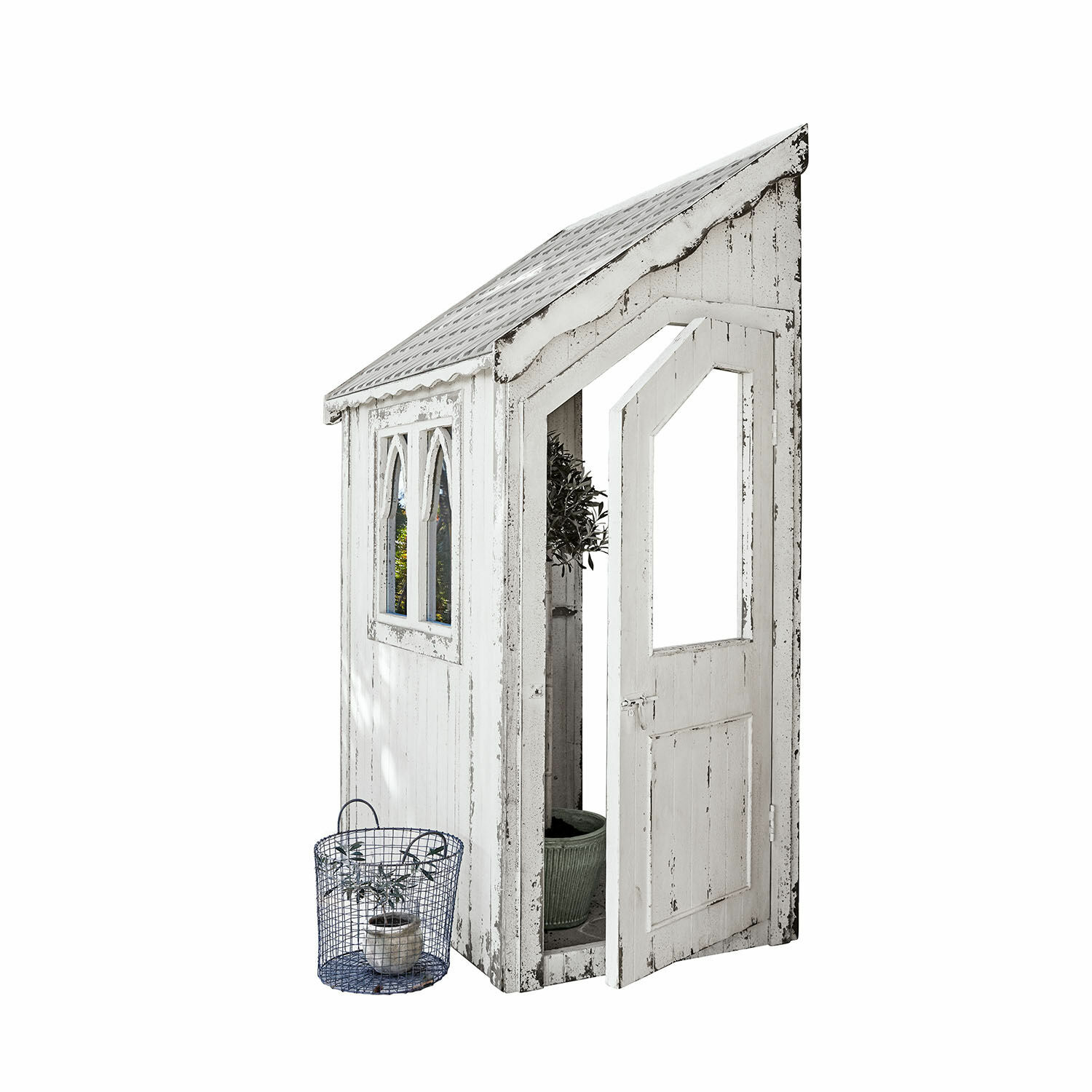 Tuinhuis Lettret Witte houten tuinhuis met glazen ramen en open deur in rustieke stijl