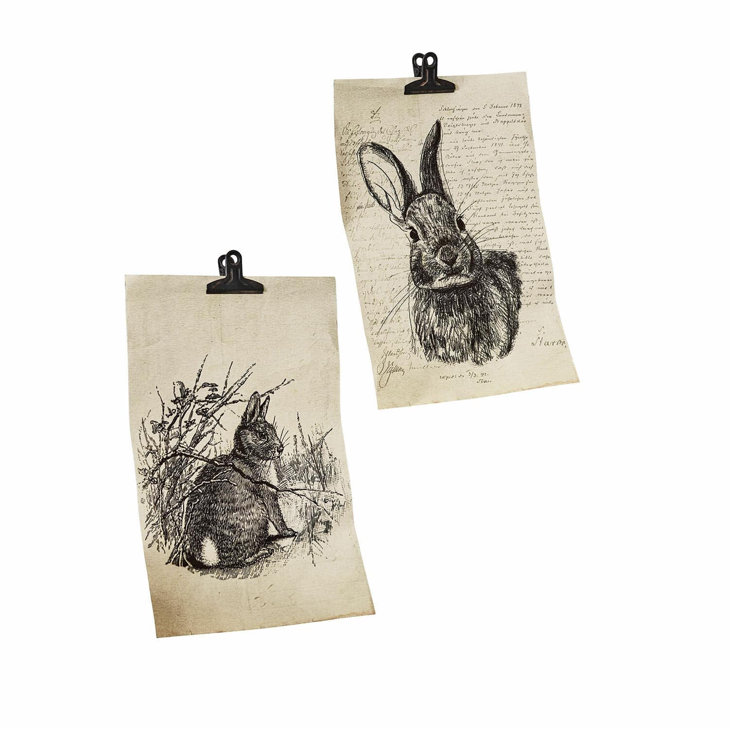 Afbeelding set van 2 Meursault Twee decoratieve posters met zwart-witte konijntekeningen op beige achtergrond met klemmen