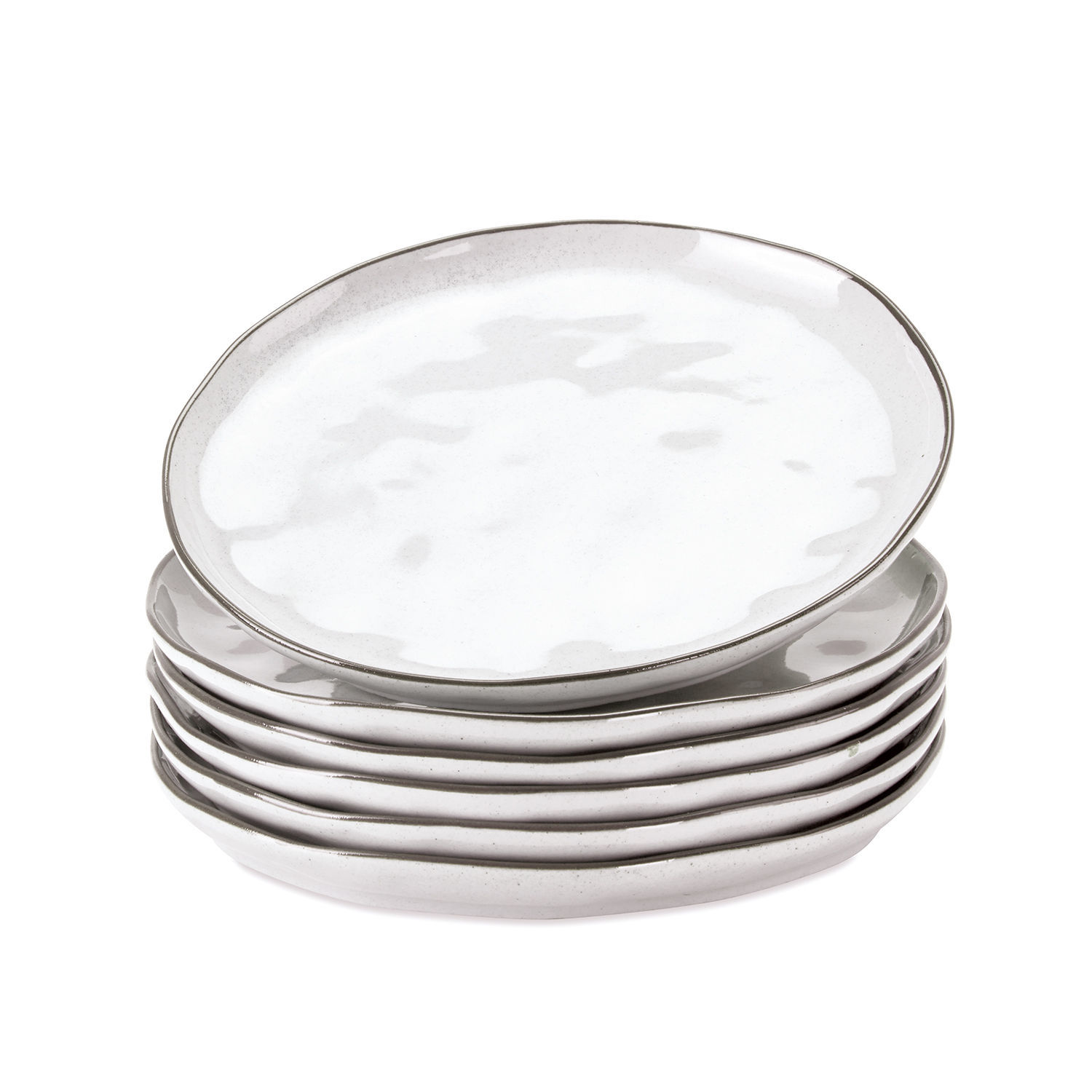Dessertbordje set van 6 Biarré Set van zes witte keramische borden met fijne grijze rand voor het serveren van maaltijden