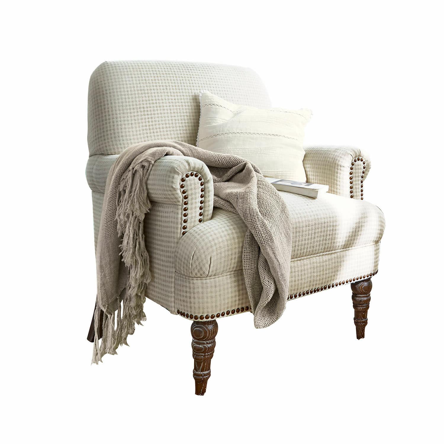 Fauteuil Danvers Beige geruite fauteuil met houten poten en decoratief plaid voor gezellige woonkamer