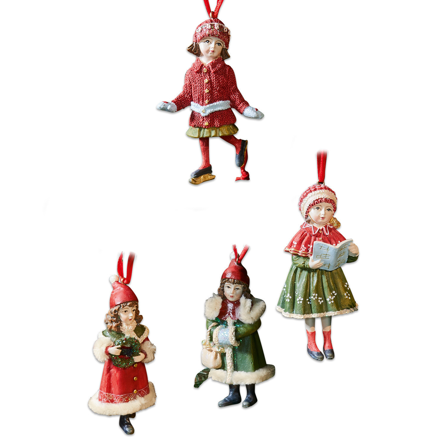 Hanger, set van 4 Nostalgic Set van vier kerstboomversieringen met kinderen in rode en groene winterkleding