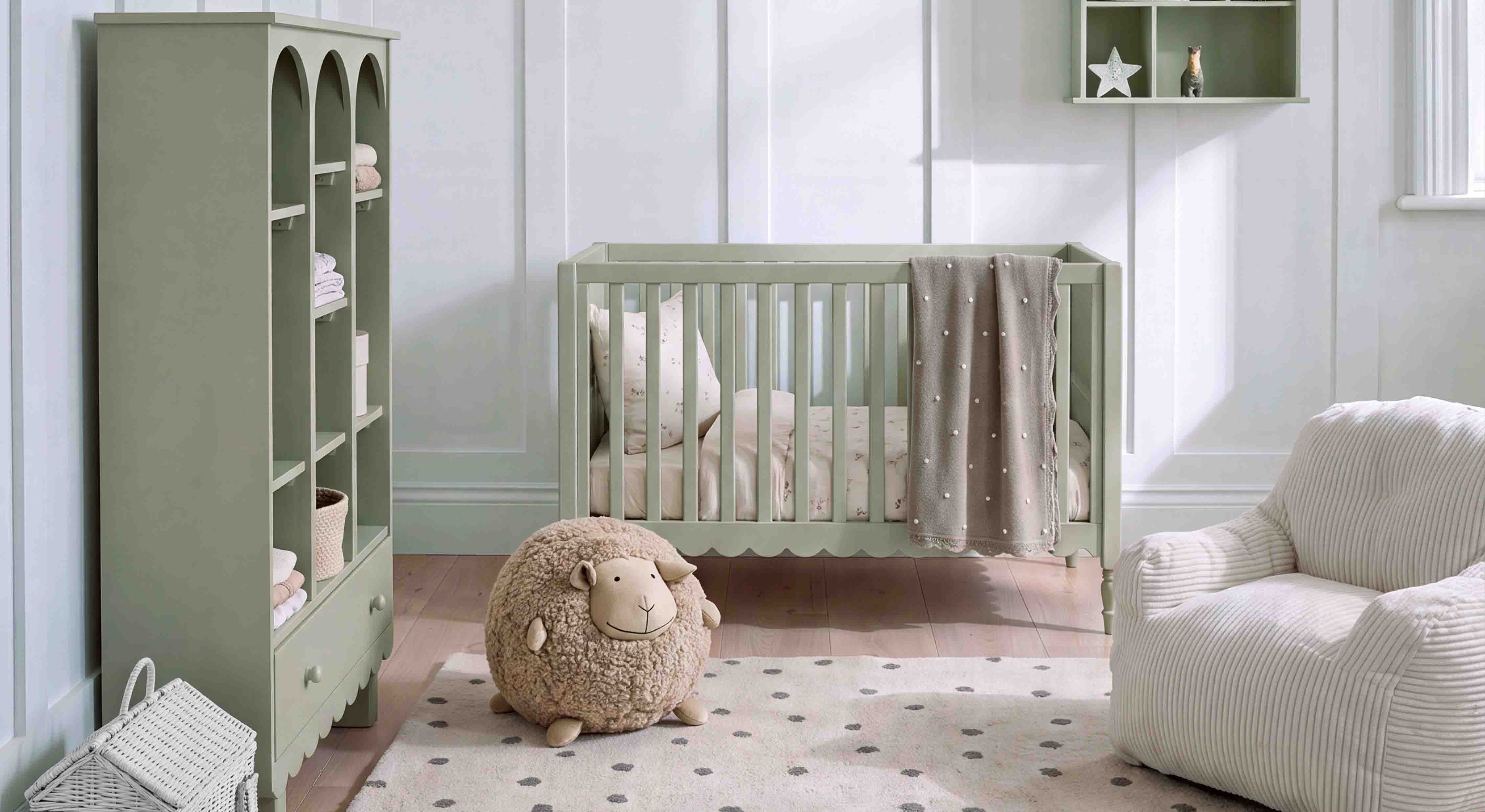 Mintgroen houten babybed en kast in kinderkamer met pluchen schaap